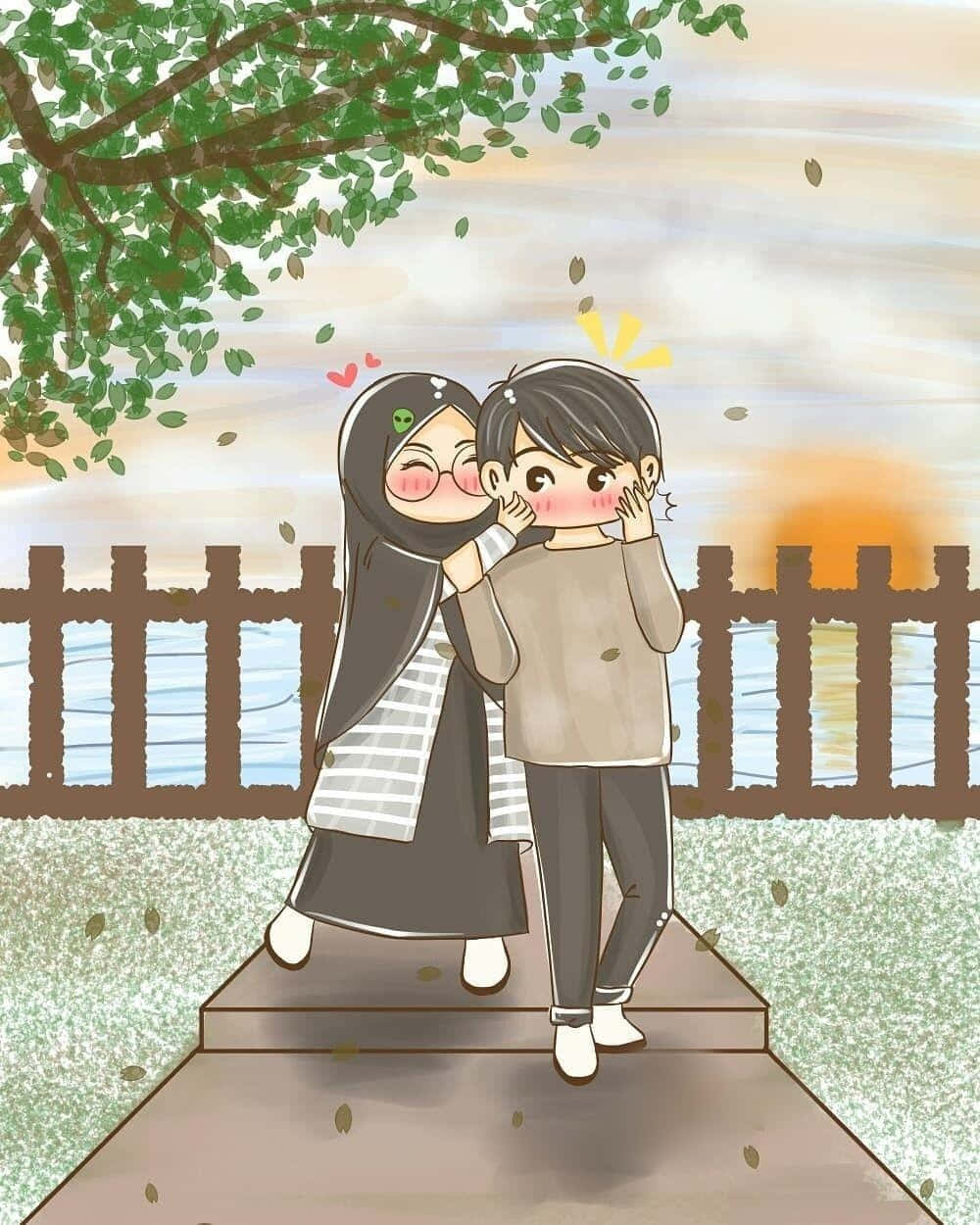 Couple Cartoon 桌布 壁紙 — 兩個動漫風格的青少年在夕陽下，在落葉飄落的樹下臉紅和咯咯笑。