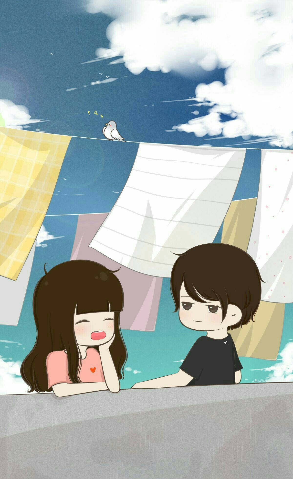 Cute Cartoon 桌布 壁紙 — 兩個動漫風格的青少年在曬衣繩下互相凝視，繩上有一隻鳥棲息，背景是明亮的藍天。