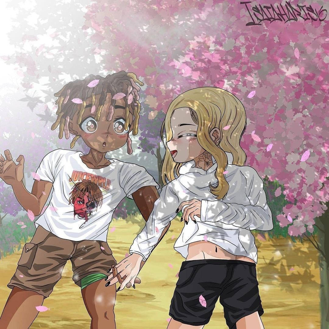  壁紙 — 兩個動漫風格的青少年在盛開的粉紅色櫻花樹下牽手，花瓣在他們周圍飄落。