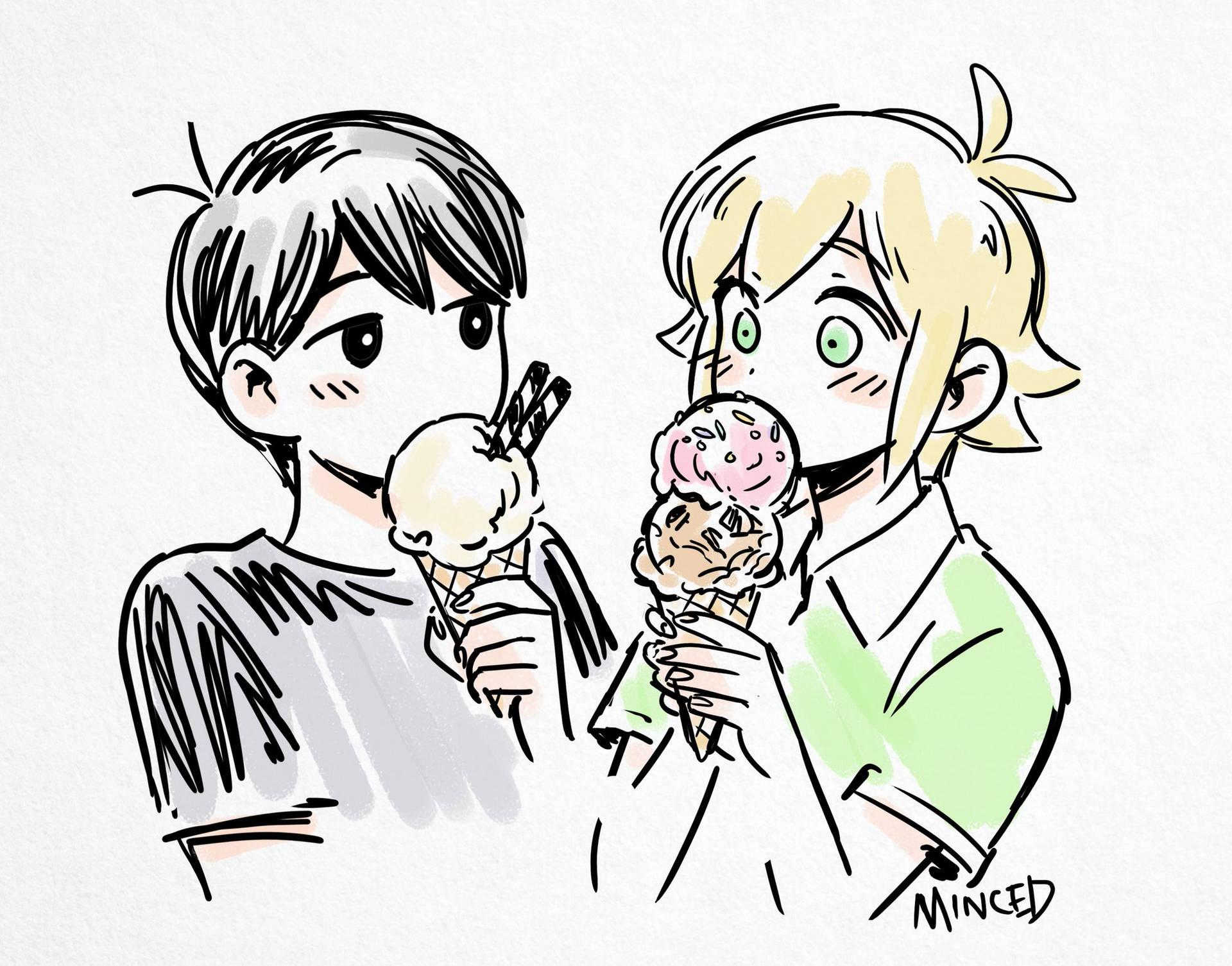 omori 桌布 壁紙 — 兩個動漫風格的青少年愉快地享用冰淇淋甜筒，表情豐富，線條鬆散如草圖。