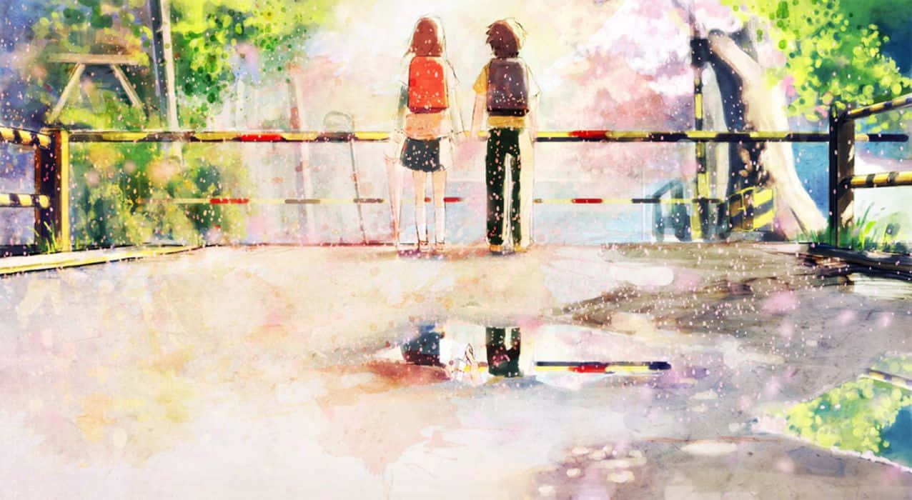 Couples 桌布 壁紙 — 兩個動漫風格的青少年手牽手，凝視著雨中的火車站月台，帶有鮮豔的水彩倒影。