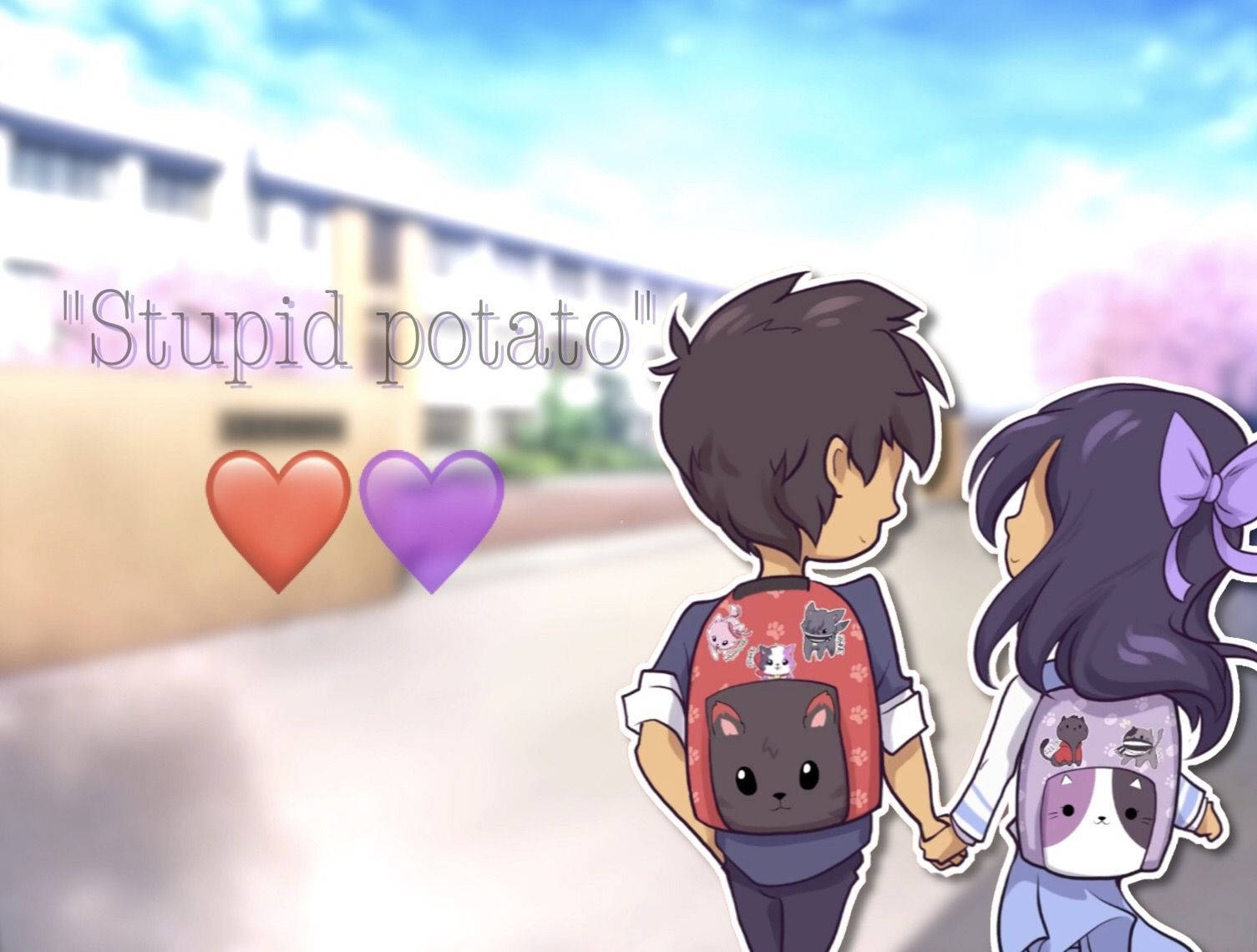 Aphmau 桌布 壁紙 — 兩個動漫風格的青少年手牽手，在明亮的天空下，櫻花和心形圖案飄浮在附近，背向觀眾走開。