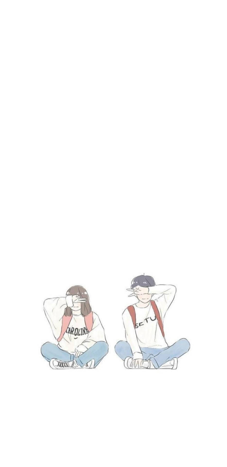 Aesthetic Drawings 桌布 壁紙 — 兩個動漫風格的青少年盤腿坐在純白色背景上，兩人都用手遮住眼睛。