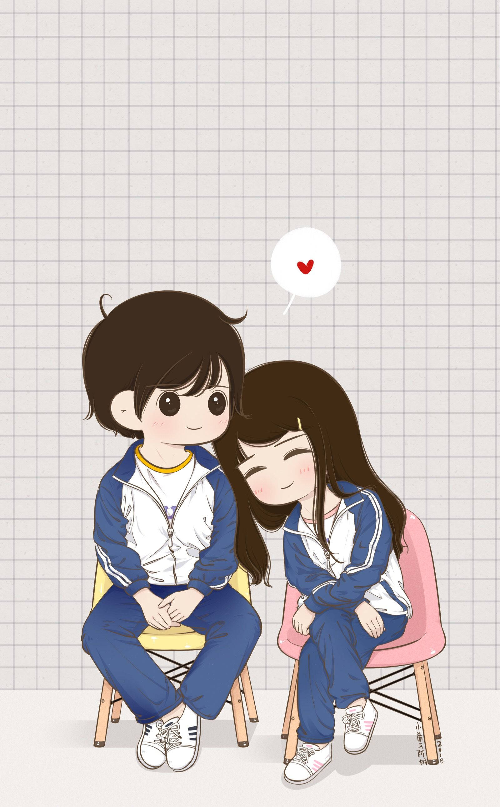 Love Story 桌布 壁紙 — 兩個動漫風格的青少年穿著相配的藍色運動服坐在椅子上，上方有一個心形對話氣泡。