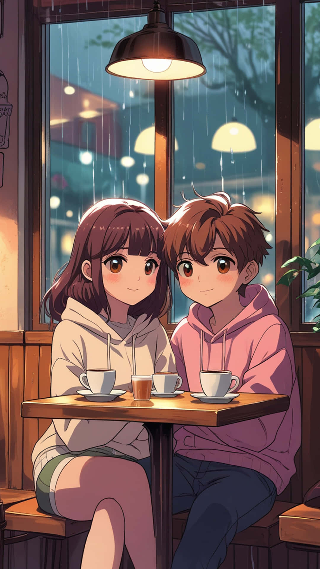 Cony & Brown in Ultra-Realistic Love Mode ❤️ 壁紙 — 兩個動漫風格的青少年緊挨著坐在木製咖啡桌旁，頭頂是溫暖的吊燈，雨水在他們身後的窗戶上流淌。