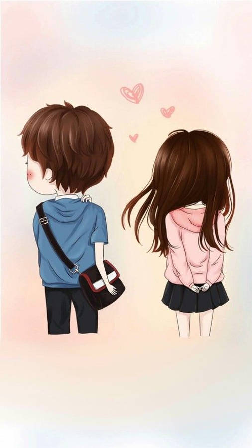 Love Cute Couple 桌布 壁紙 — 兩個動漫風格的青少年背對背站立，臉頰泛紅，頭頂漂浮著愛心，背景是柔和的粉彩漸變色。