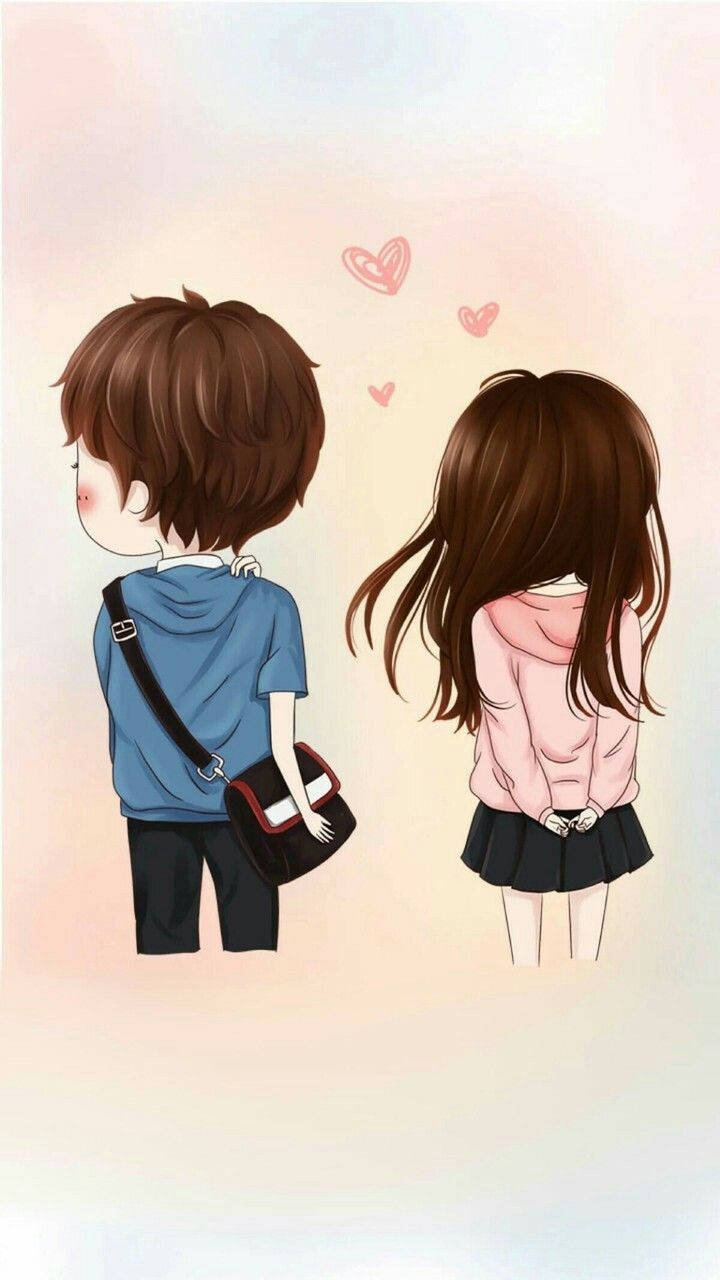 Cute Couples Cartoon 桌布 壁紙 — 兩個動漫風格的青少年背對背站立，臉紅且漂浮的心形暗示害羞的情感。