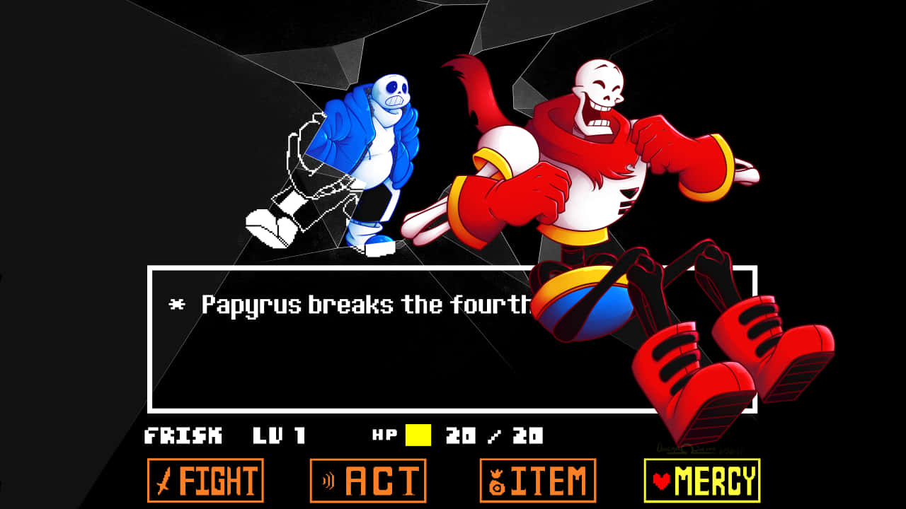 Undertale Desktop 桌布 壁紙 — 兩個動漫風格的骷髏角色在像素藝術遊戲界面中戰鬥，有戰鬥選項和健康狀態。