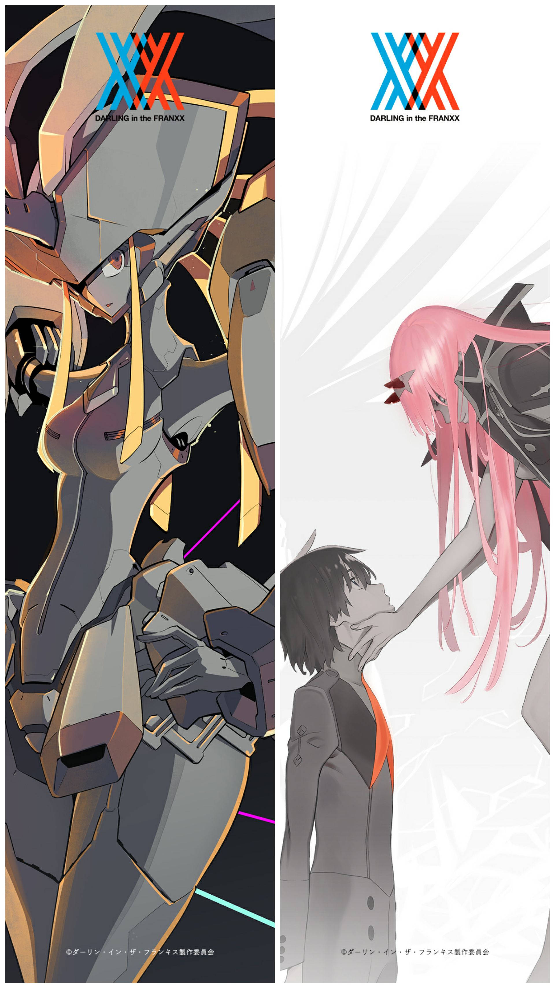 Darling In The Franxx 桌布 壁紙 — 兩個動漫風格角色，一個穿著機械裝甲，另一個有粉紅色頭髮，向一個穿著灰色西裝的男孩伸手。