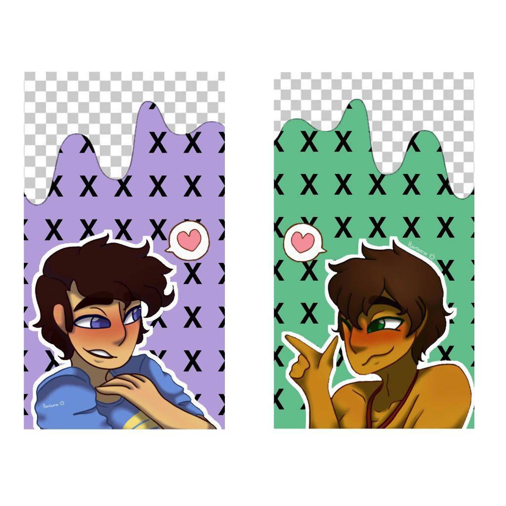 Aphmau 桌布 壁紙 — 兩個動漫風格角色，在紫色和綠色X圖案背景上帶有心形對話氣泡。