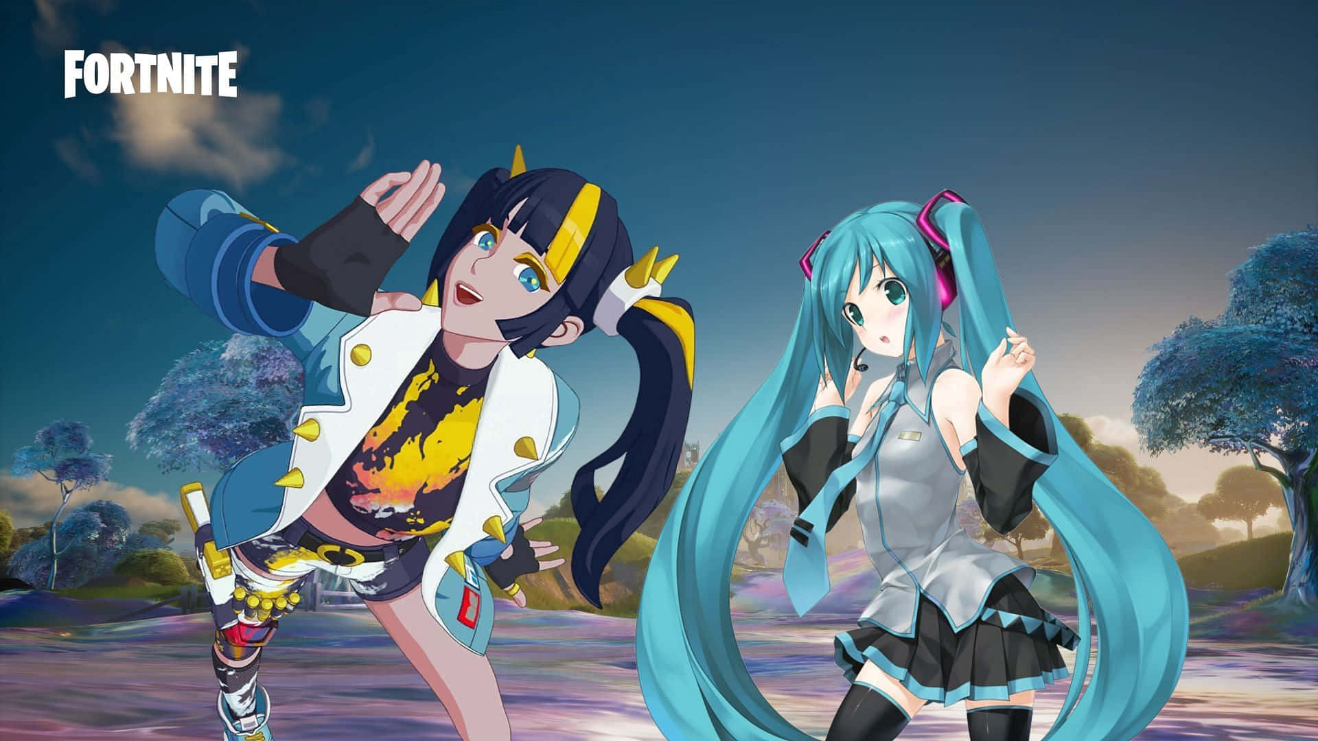 初音未來 桌布 壁紙 — 兩個動漫風格角色在暮色天空下，於色彩繽紛的幻想風景中動感起舞。
