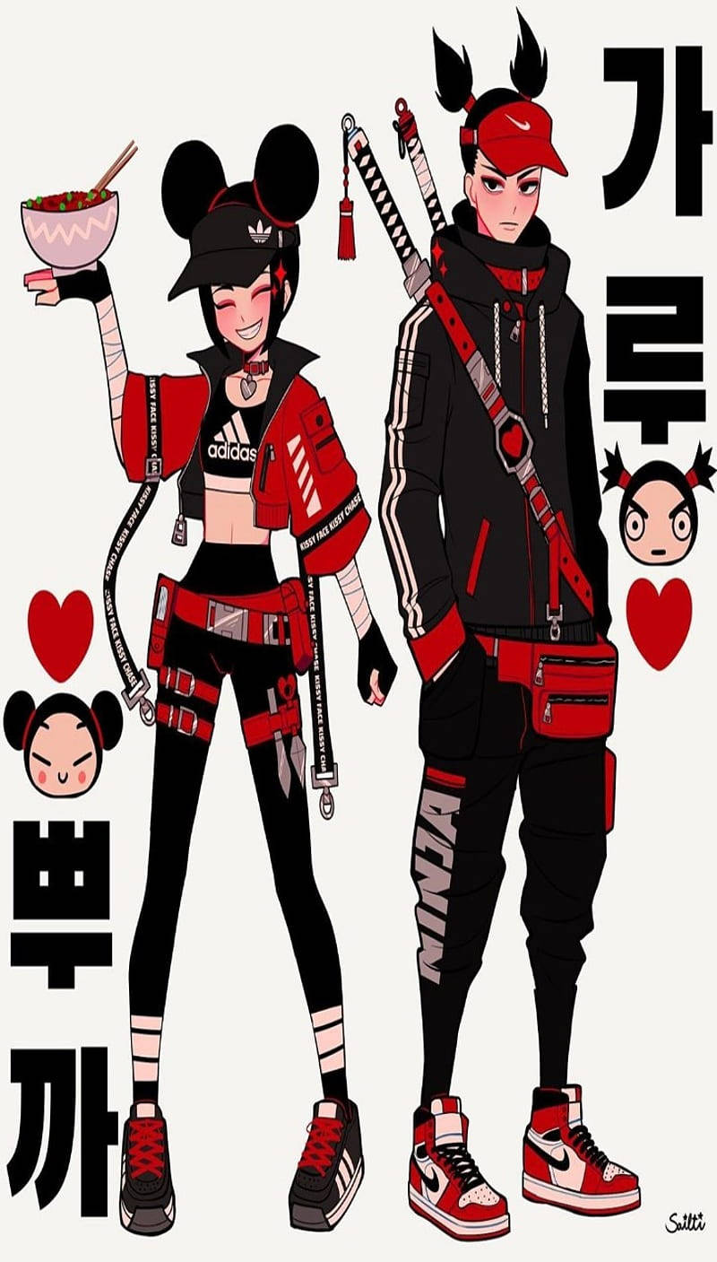 Pucca 桌布 壁紙 — 兩個動漫風格角色穿著紅黑街頭服飾，手持劍和一碗食物，在純色背景前擺姿勢。