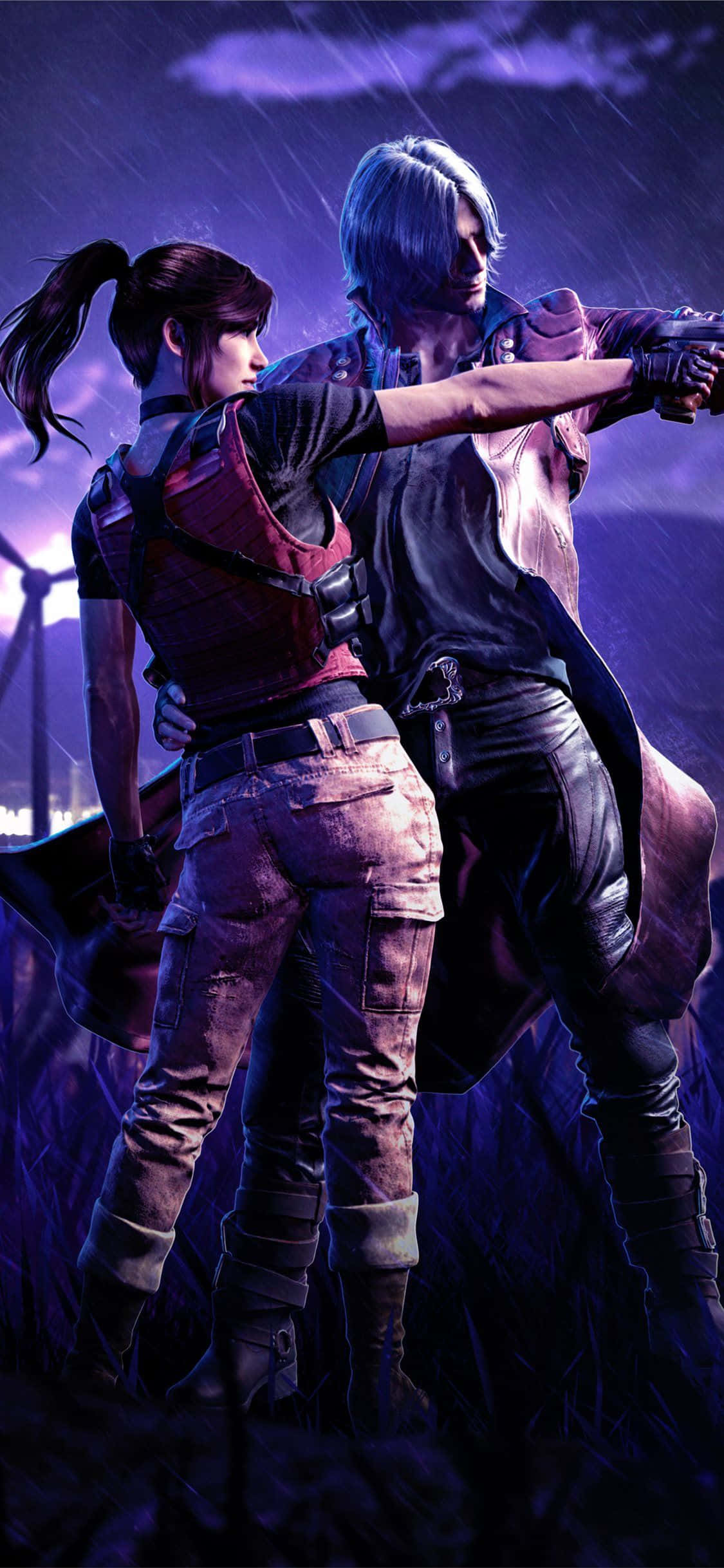 Resident Evil iPhone 桌布 壁紙 — 兩個動漫風格角色站在紫色天空下的雨中，一人舉槍瞄準，另一人抓住手臂，形成緊張對峙。