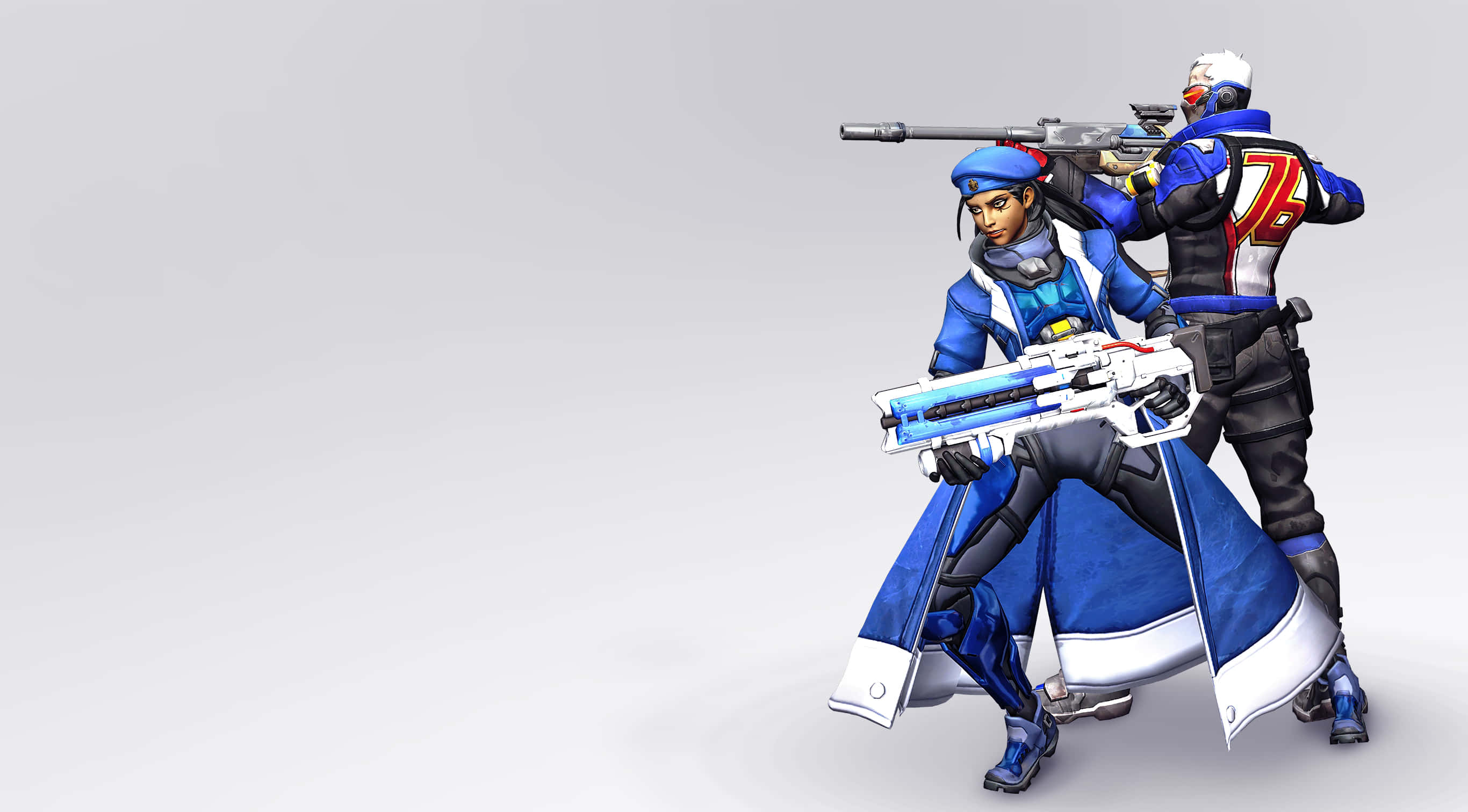 Soldier 76 桌布 壁紙 — 兩個動漫風格角色身穿藍白戰術裝備，在純灰色背景前以未來武器擺出姿勢。