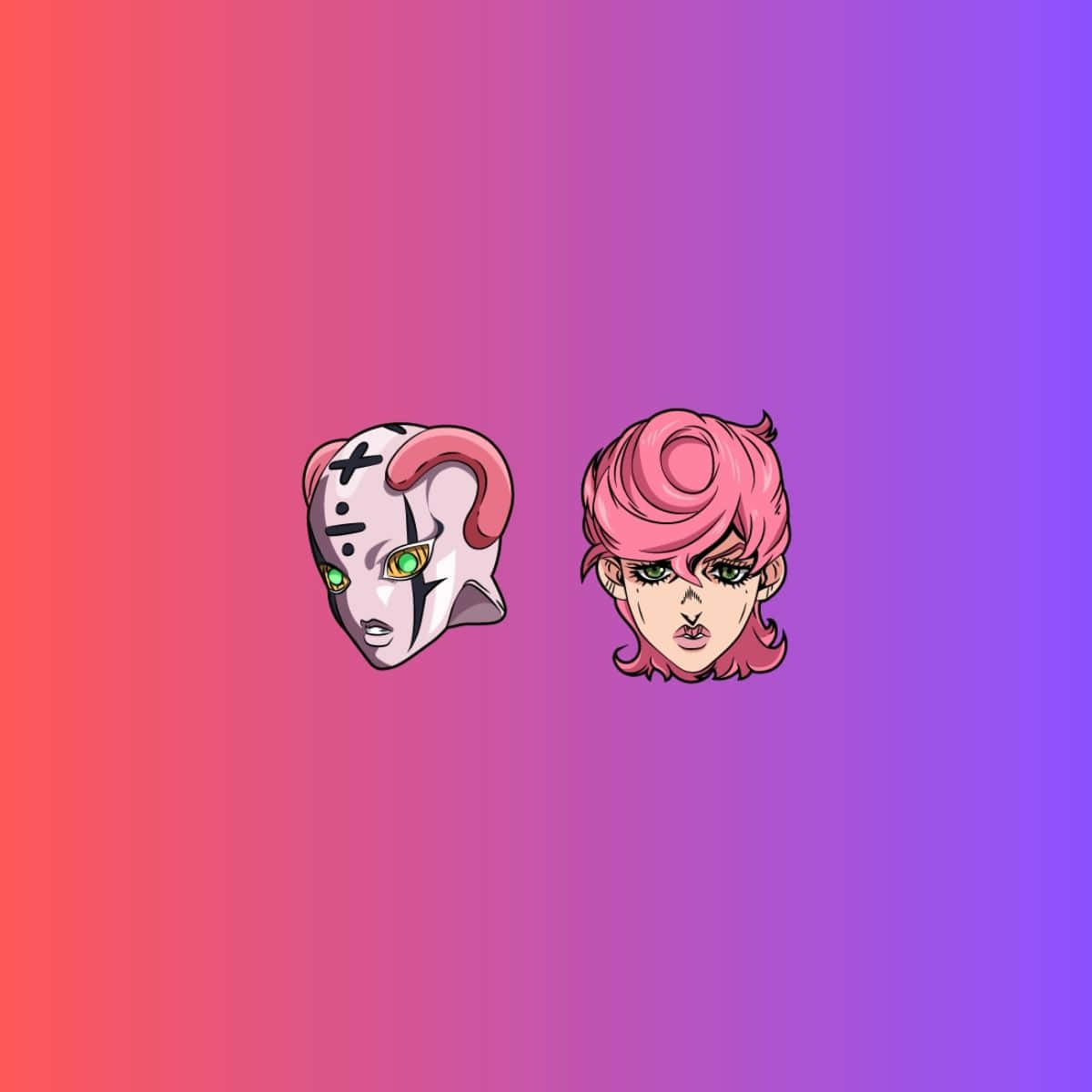 Trish Una 桌布 壁紙 — 兩個動漫風格頭部，一個戴面具，一個有粉紅色頭髮，漂浮在充滿活力的漸變背景上。