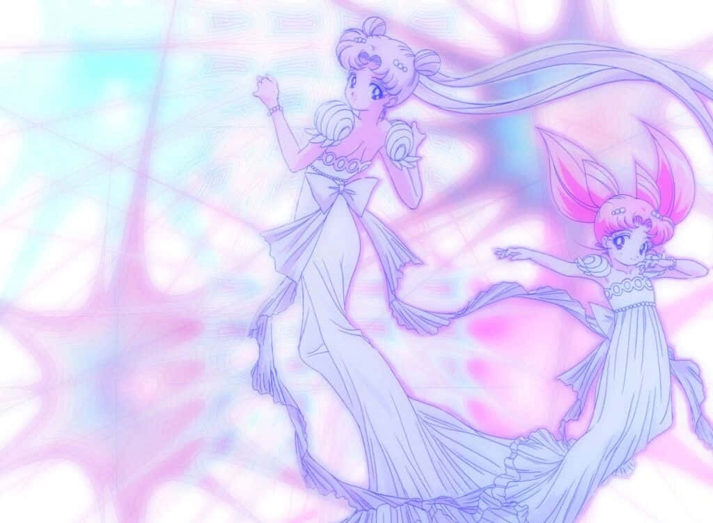 美少女戰士 桌布 壁紙 — 兩個動漫風格魔法少女穿著飄逸長裙，在發光的粉紅色和藍色抽象背景前動態擺姿勢。