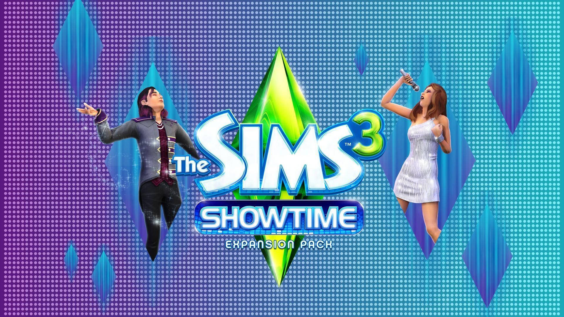 電玩遊戲 桌布 壁紙 — 兩個動畫 Sims 角色在充滿活力的紫色和藍色像素化舞台上表演，帶有發光的鑽石形狀。
