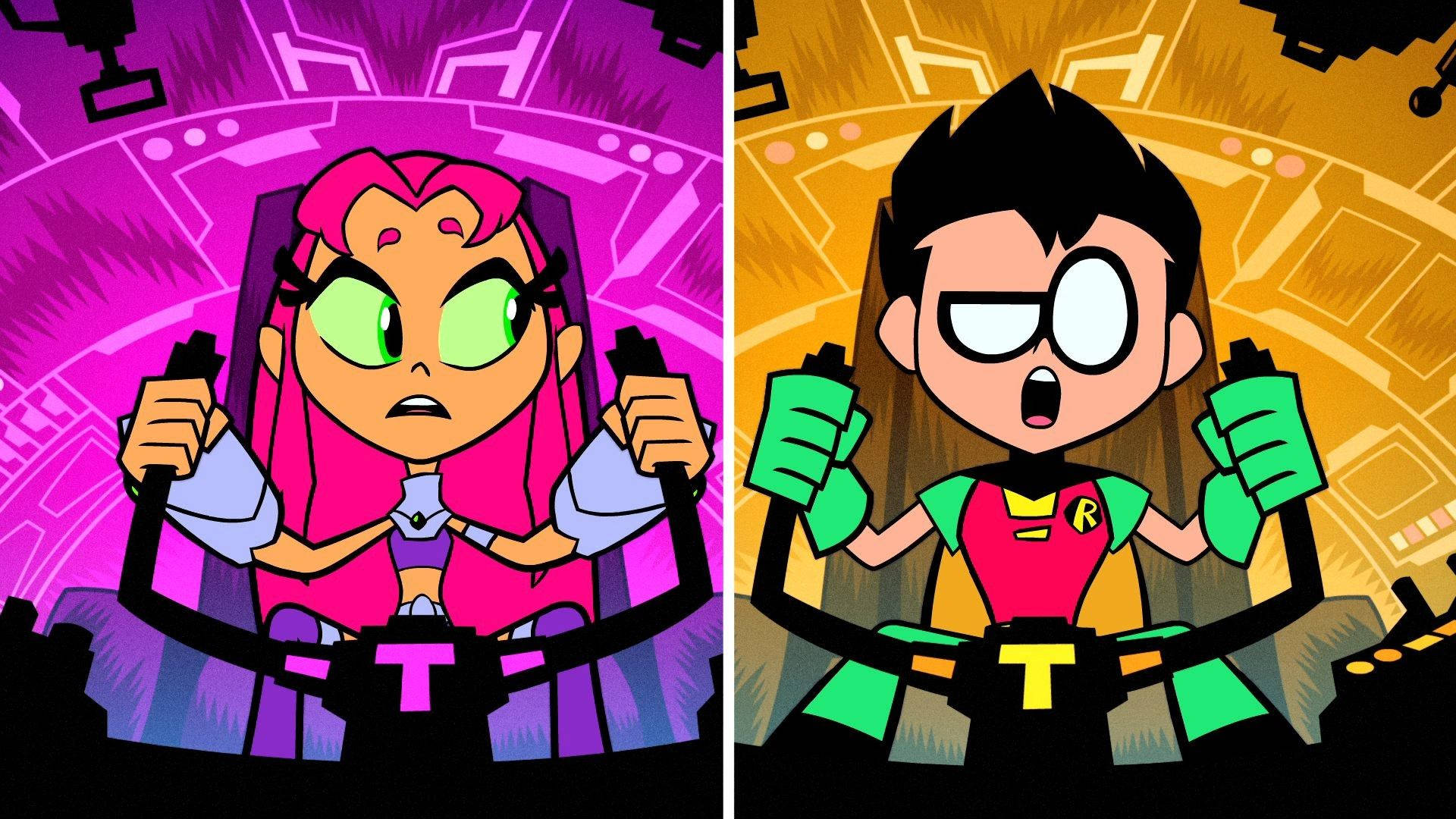 teen titans go 桌布 壁紙 — 兩個動畫 Teen Titans 角色坐在駕駛艙座位上，一個有粉紅色頭髮和綠色眼睛，另一個穿著紅色和綠色制服，兩人都緊握控制裝置。