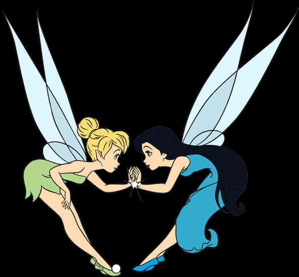 Tinker Bell 桌布 壁紙 — 兩個動畫仙子擁有半透明翅膀，在黑色背景上互相伸手觸碰。