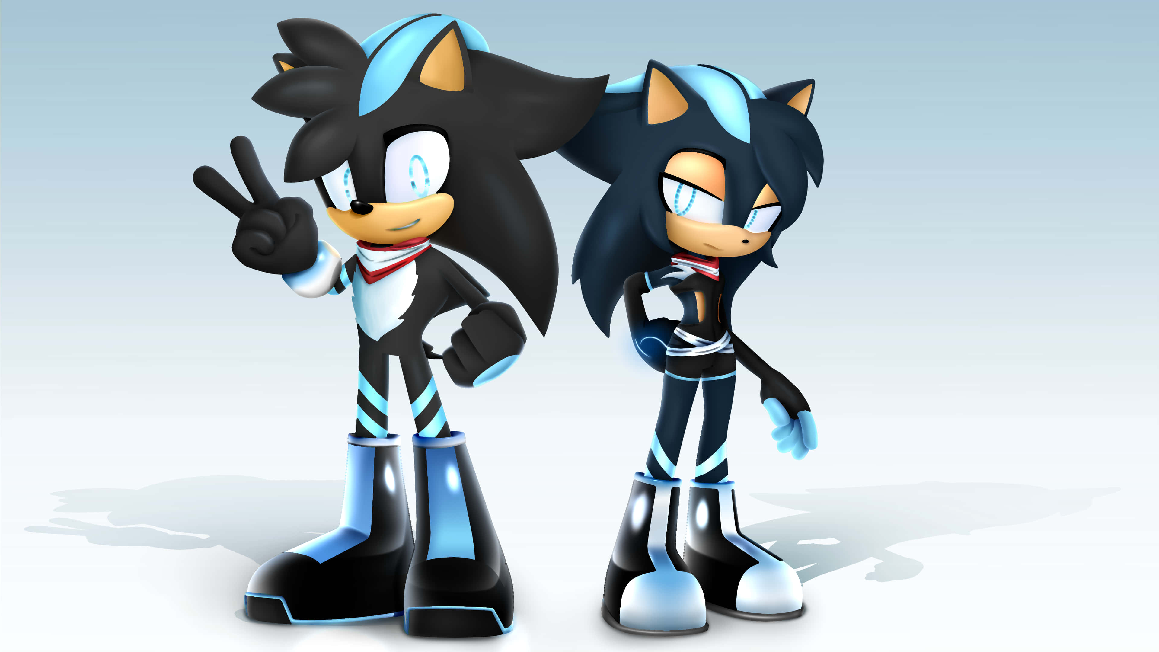 Sonic Characters 桌布 壁紙 — 兩個動畫刺蝟角色身穿黑色和藍色西裝，在柔和的漸變背景前自信地擺姿勢。