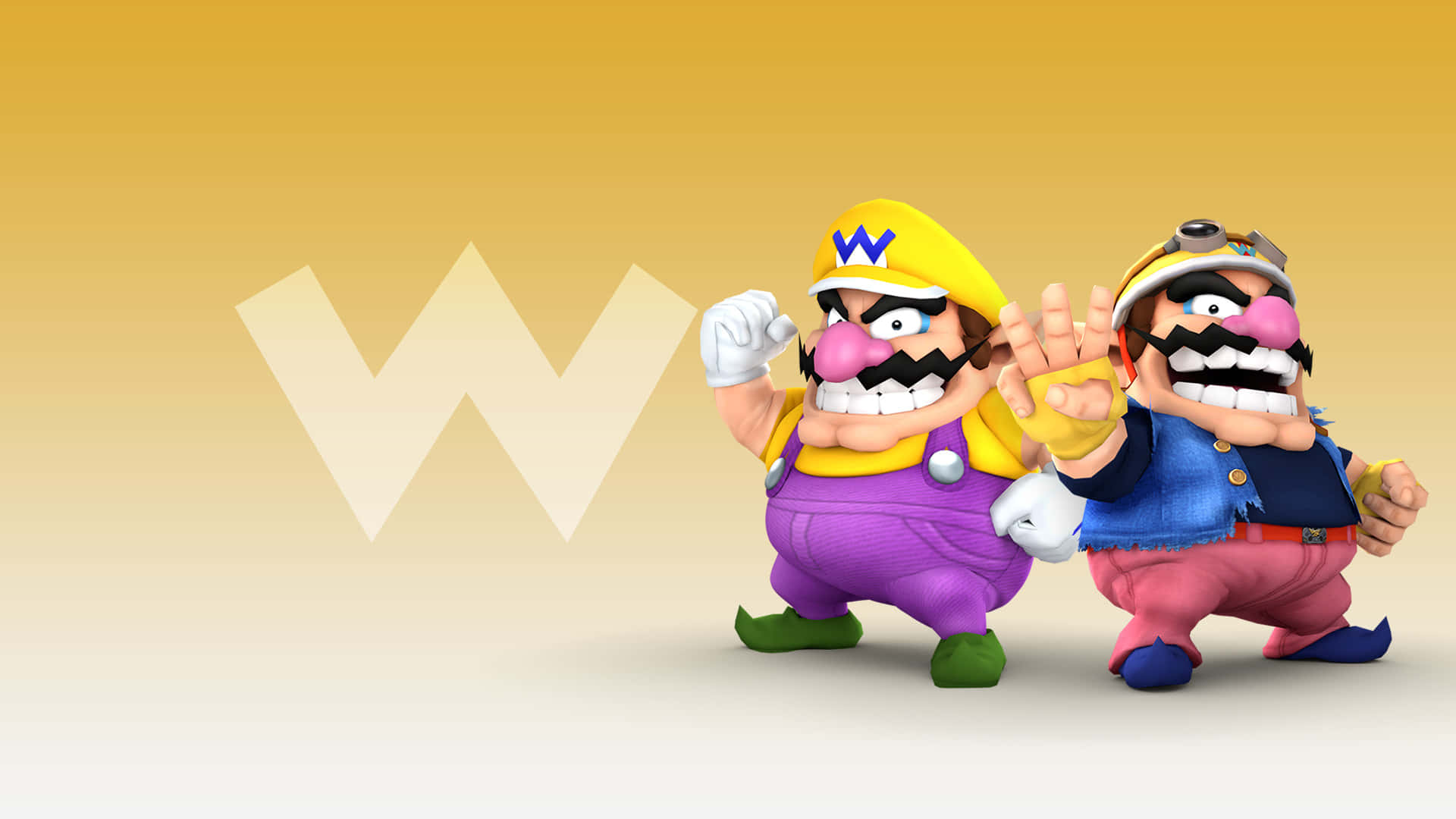 wario 桌布 壁紙 — 兩個動畫化的瓦利歐角色在黃色漸變背景和一個大W標誌前擺出挑釁姿勢。
