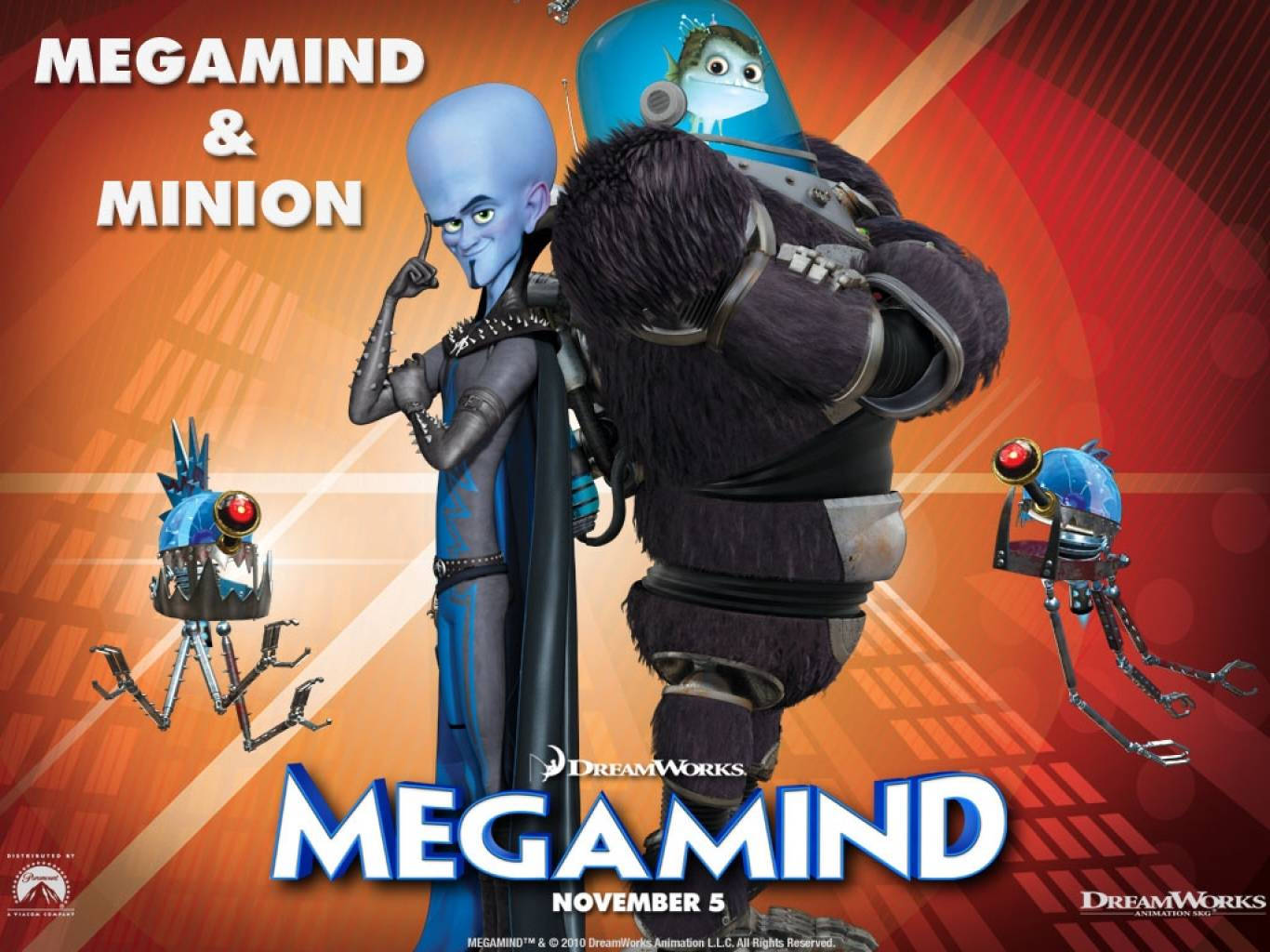 Megamind 和 Minion 與機械助手在色彩繽紛的電影海報上。 — 外星人 GIF 壁紙