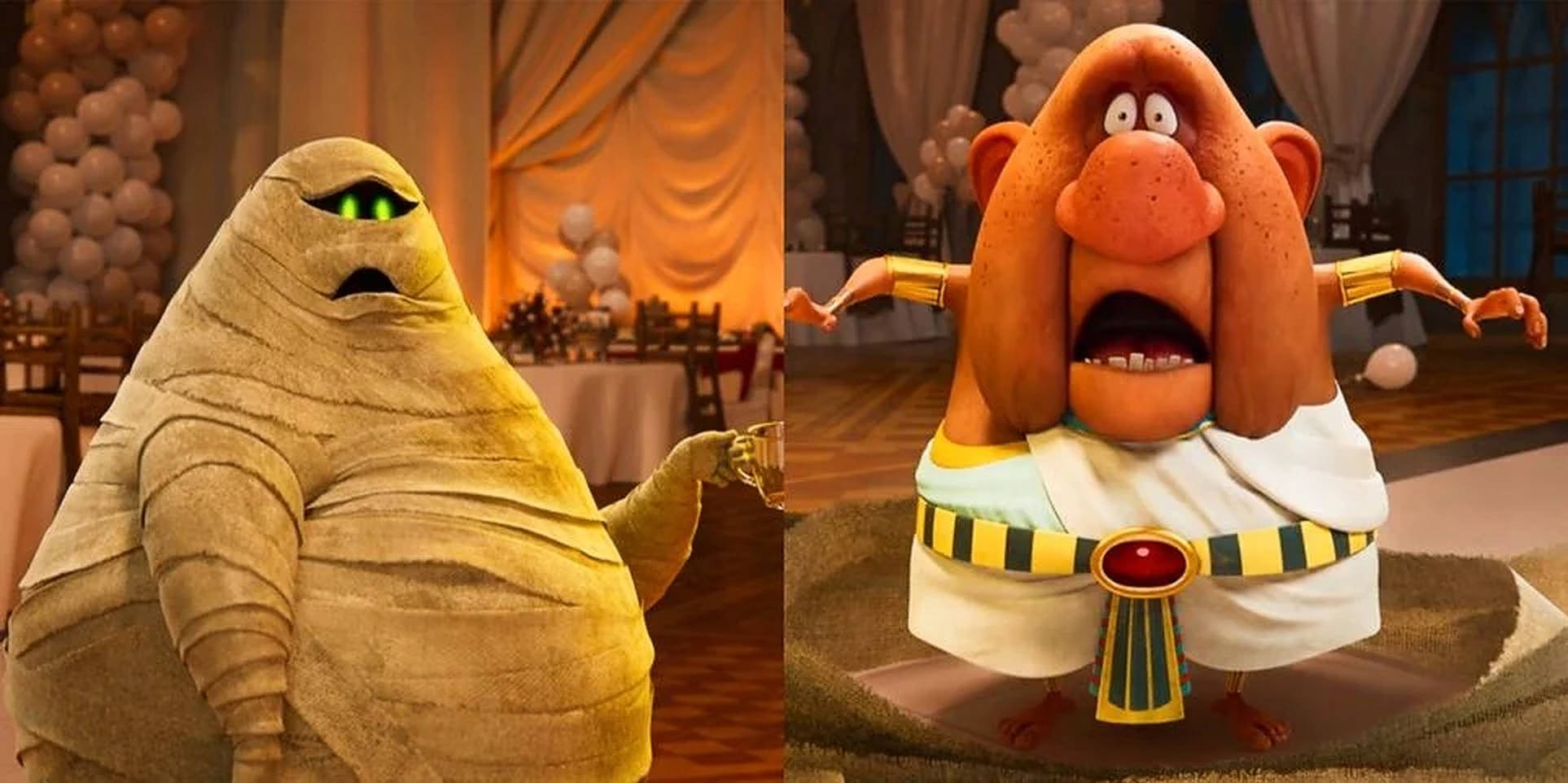 hotel transylvania transformania 桌布 壁紙 — 兩個動畫埃及角色，一個木乃伊和一個熱狗法老，在宴會廳中戲劇性地反應。
