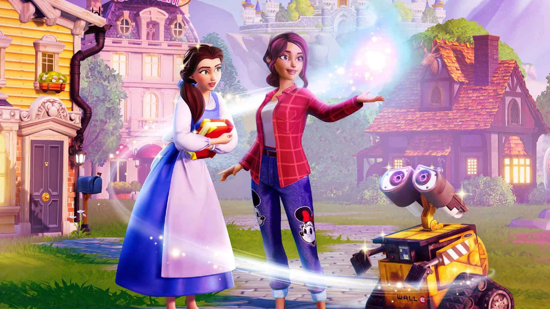 Disney 3d Movies 桌布 壁紙 — 兩個動畫女孩和一個機器人站在一個充滿奇幻色彩、有發光魔法和彩色房屋的村莊，天空柔和。