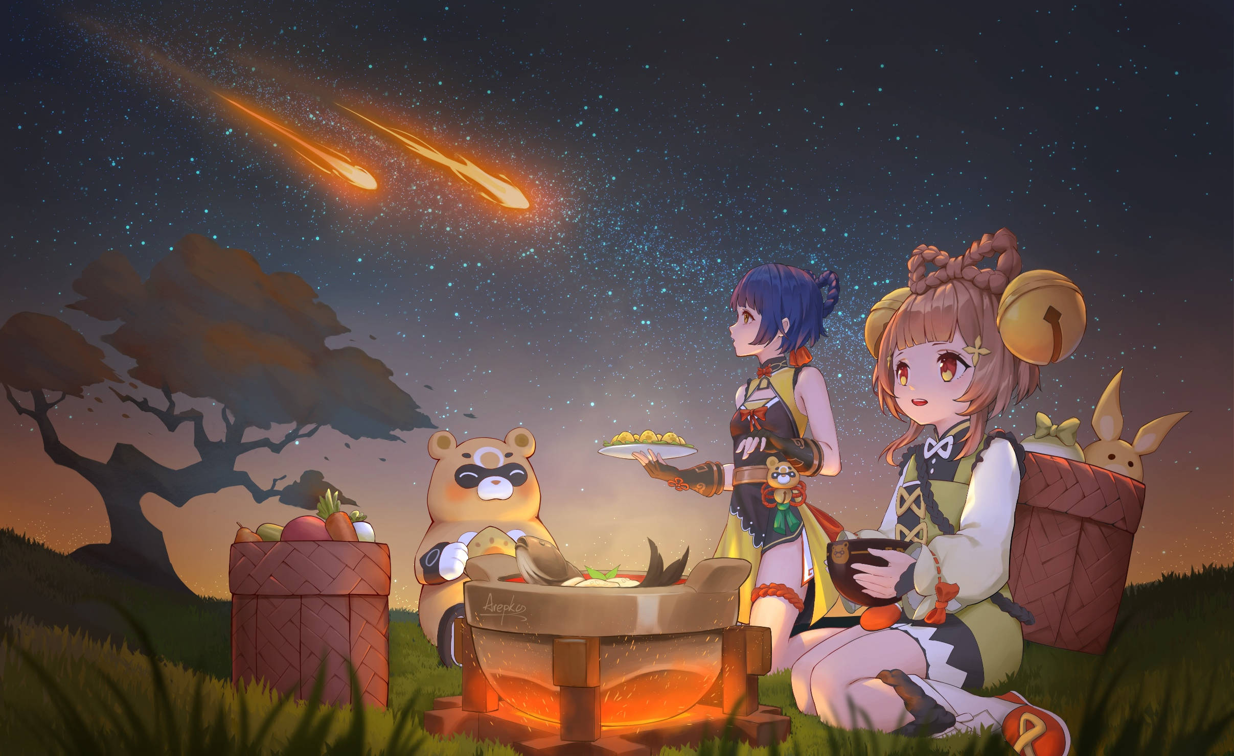 Xiangling 桌布 壁紙 — 兩個動畫女孩和一隻熊在流星劃過的星空下享受一頓溫暖的餐點。