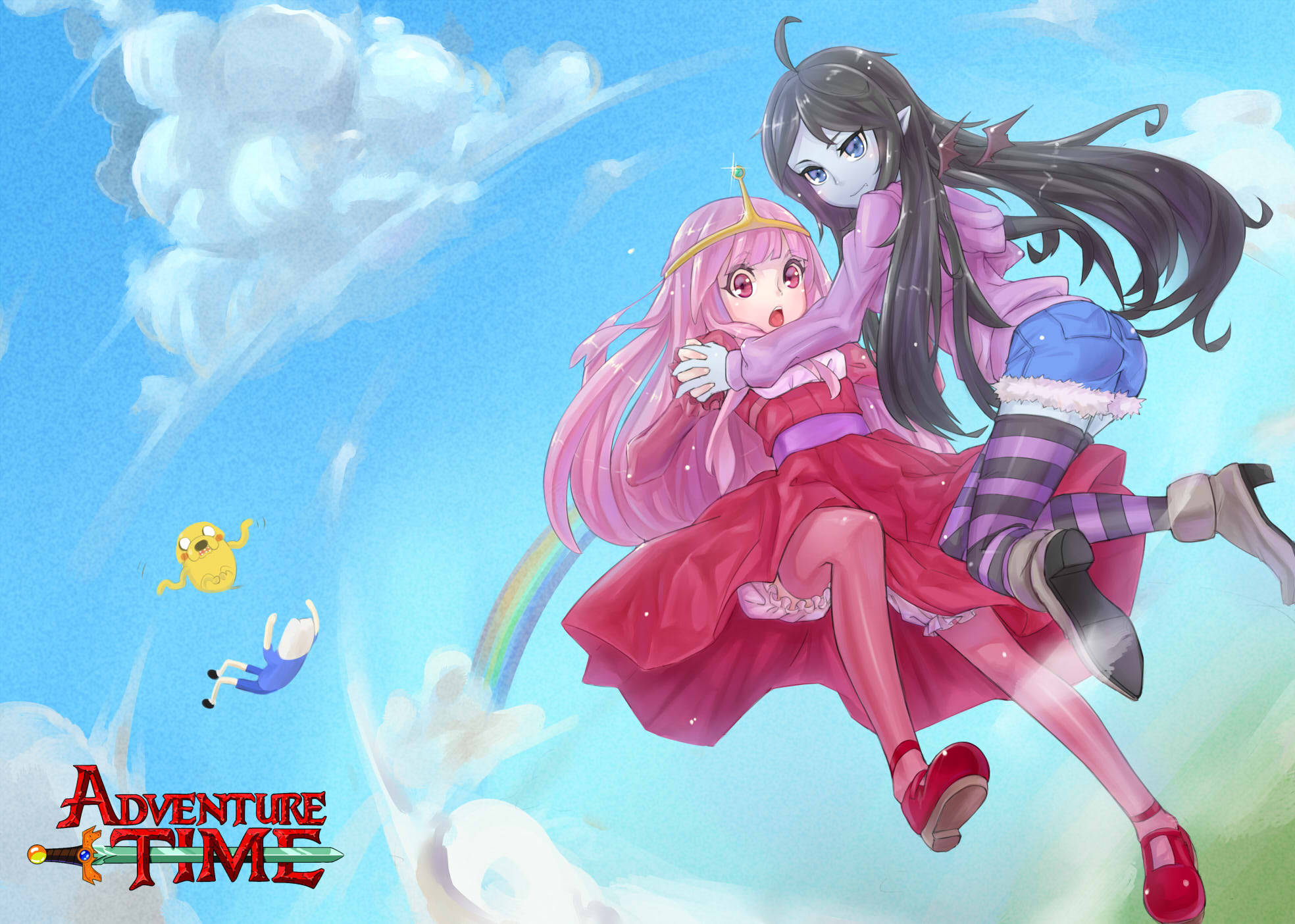 Marceline 桌布 壁紙 — 兩個動畫女孩在明亮的藍天中翱翔，天空中有蓬鬆的雲朵和彩虹，而一隻小黃狗和一個男孩在下方翻滾。