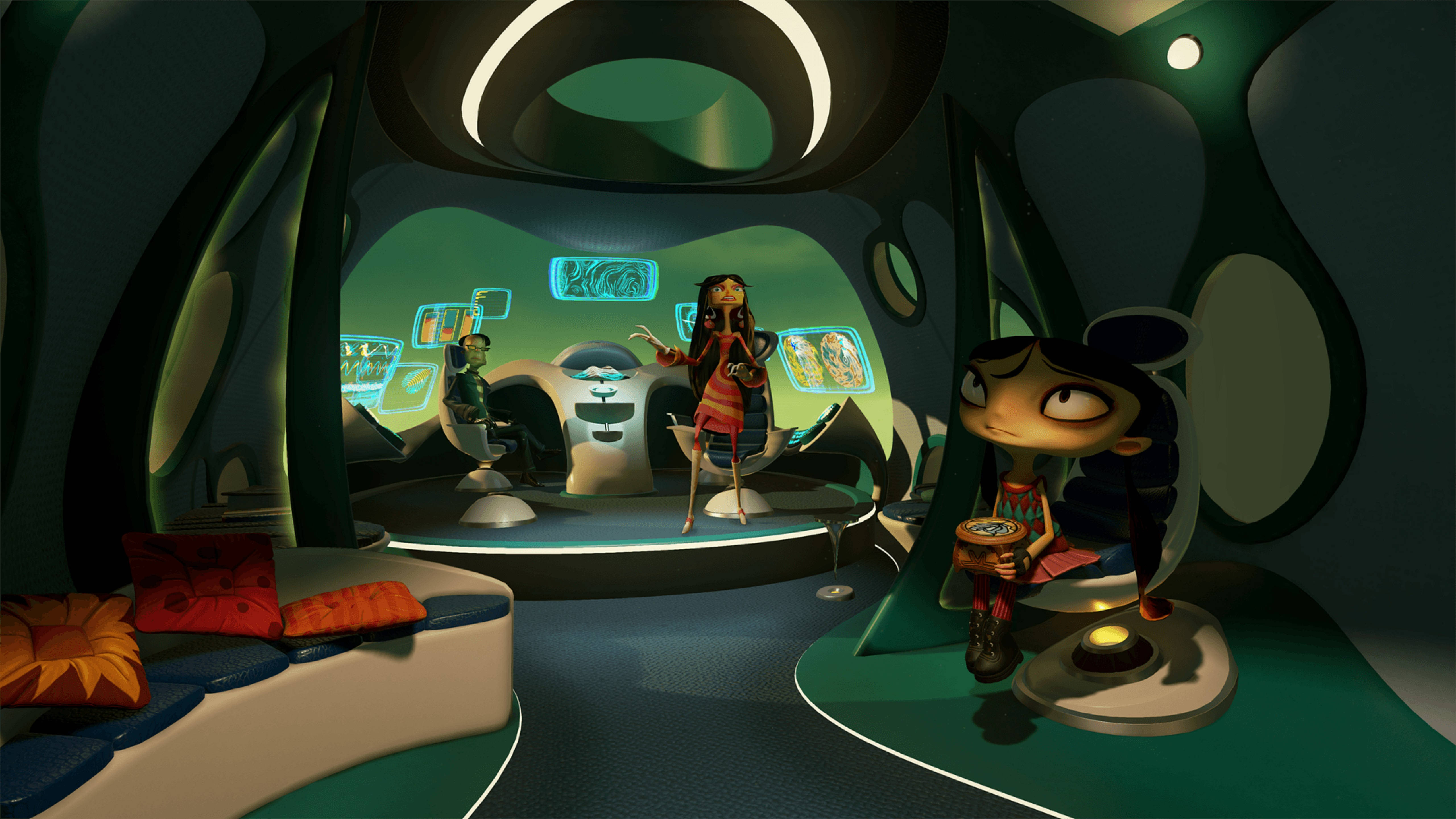 Psychonauts 桌布 壁紙 — 兩個動畫女孩在未來太空船駕駛艙中，配有發光的綠色面板和彎曲的有機家具。