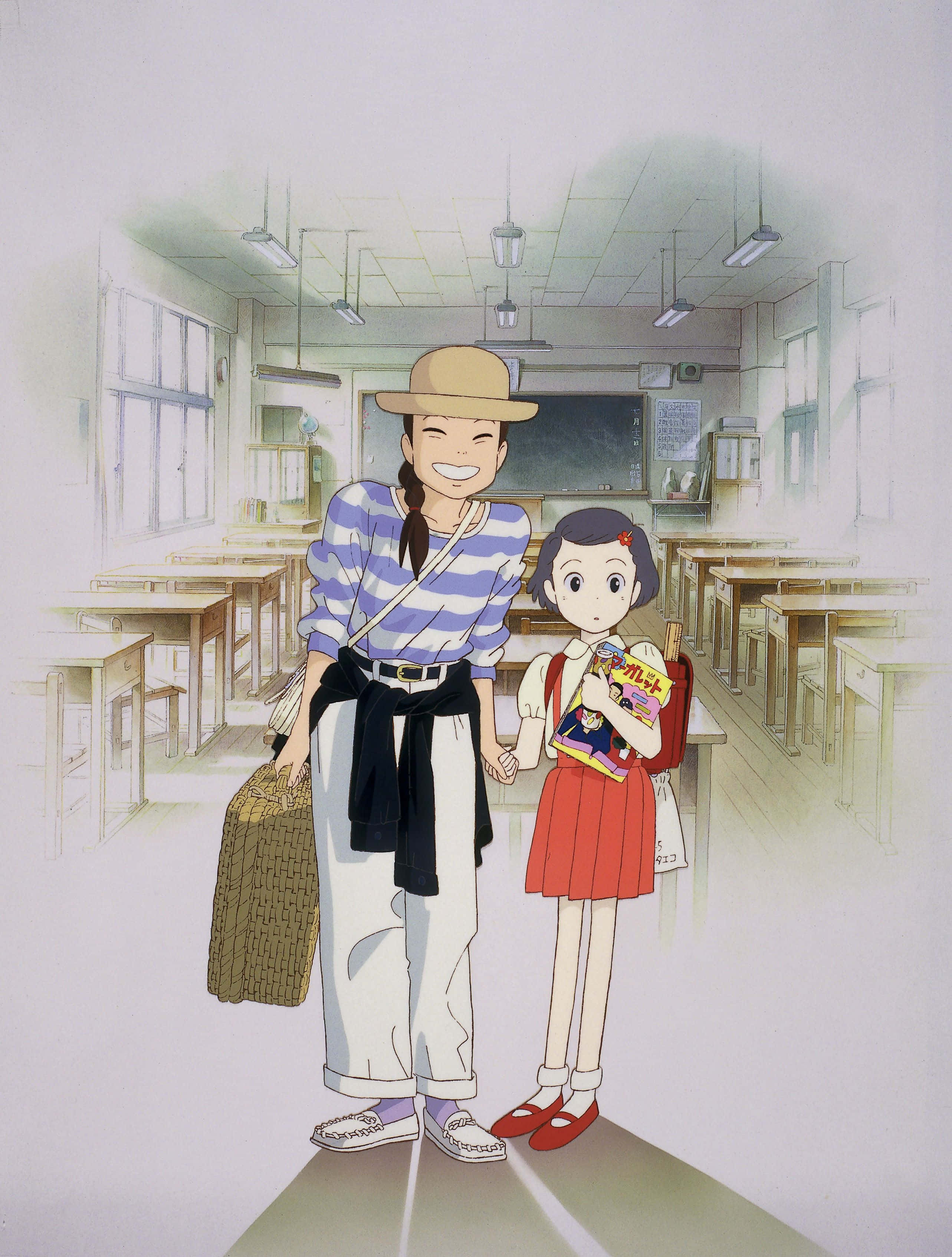 Only Yesterday 桌布 壁紙 — 兩個動畫女孩在空無一人的教室裡手牽手，陽光透過窗戶灑進來。
