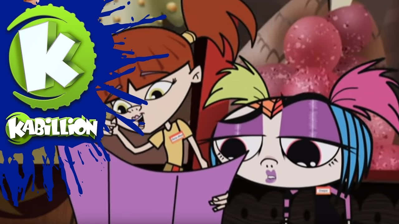 Cartoon Characters 桌布 壁紙 — 兩個動畫女孩擁有色彩繽紛的頭髮，在帶有藍色油漆飛濺的綠色「K」標誌旁邊戲劇性地反應。