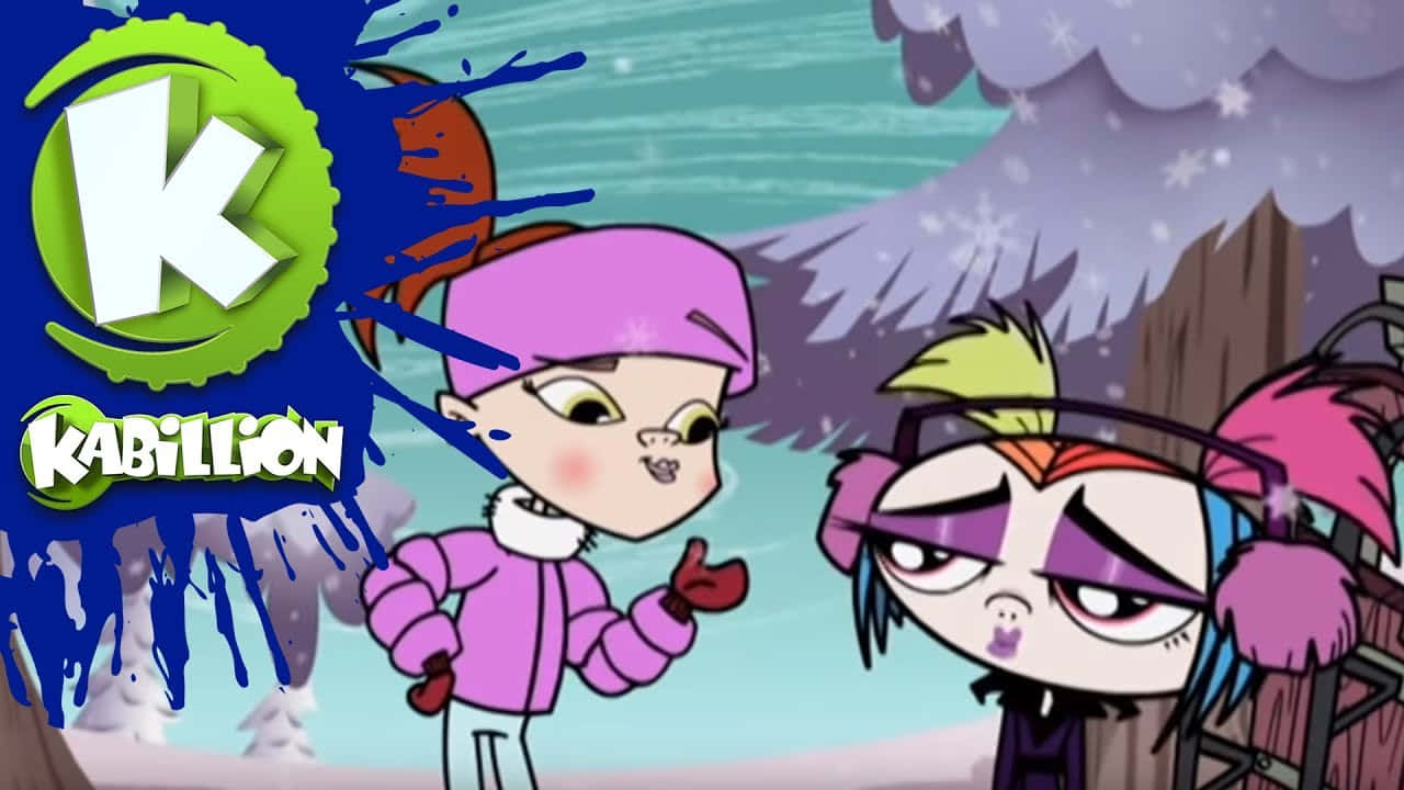 Cartoon 桌布 壁紙 — 兩個動畫女孩穿著冬季裝備在雪地森林中爭論，一個卡通標誌被藍色油漆濺到。