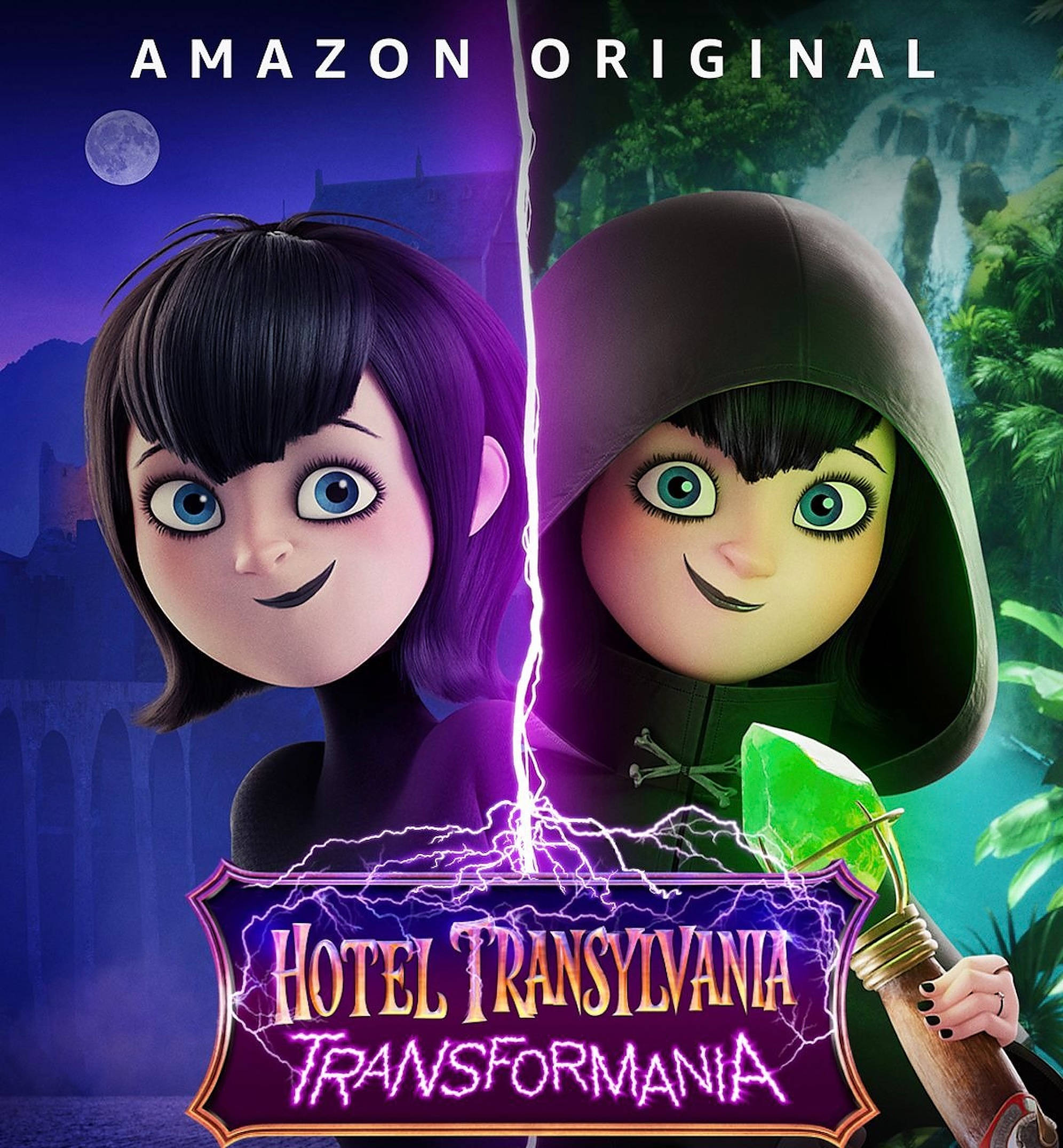 hotel transylvania transformania 桌布 壁紙 — 兩個動畫女孩被閃電分開，一個在紫色哥德式場景中，另一個在綠色叢林中有瀑布。