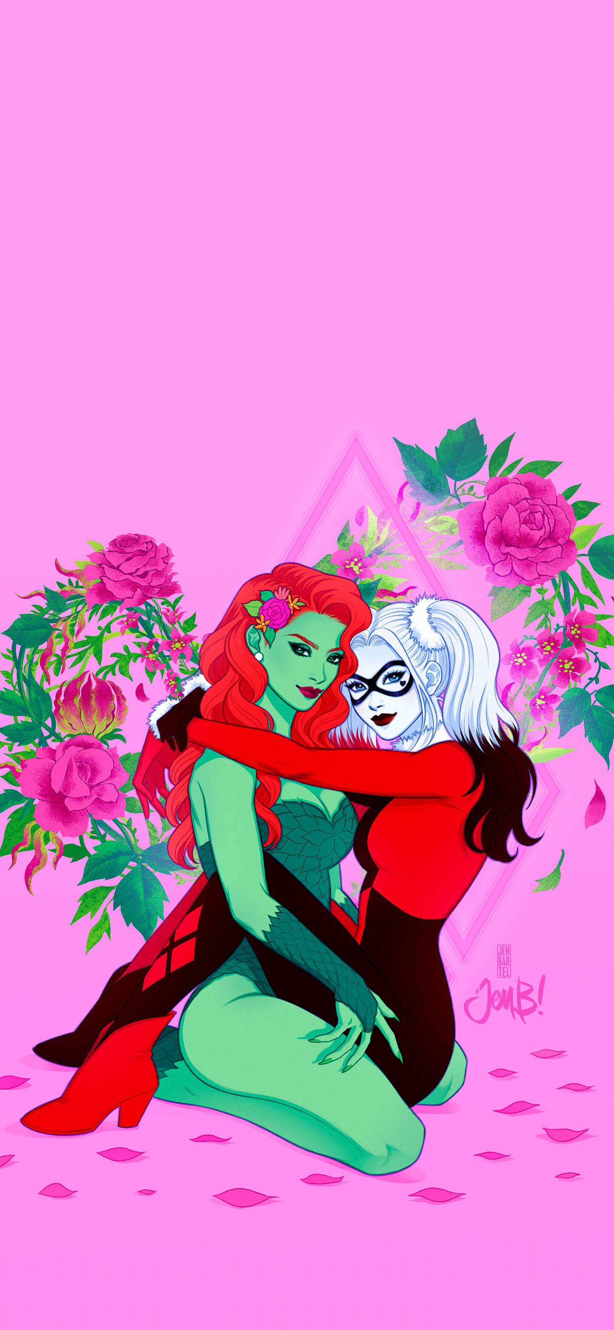 Harley 桌布 壁紙 — 兩個動畫女性角色在充滿活力的粉紅玫瑰和花瓣中擁抱，背景為純粉紅色。