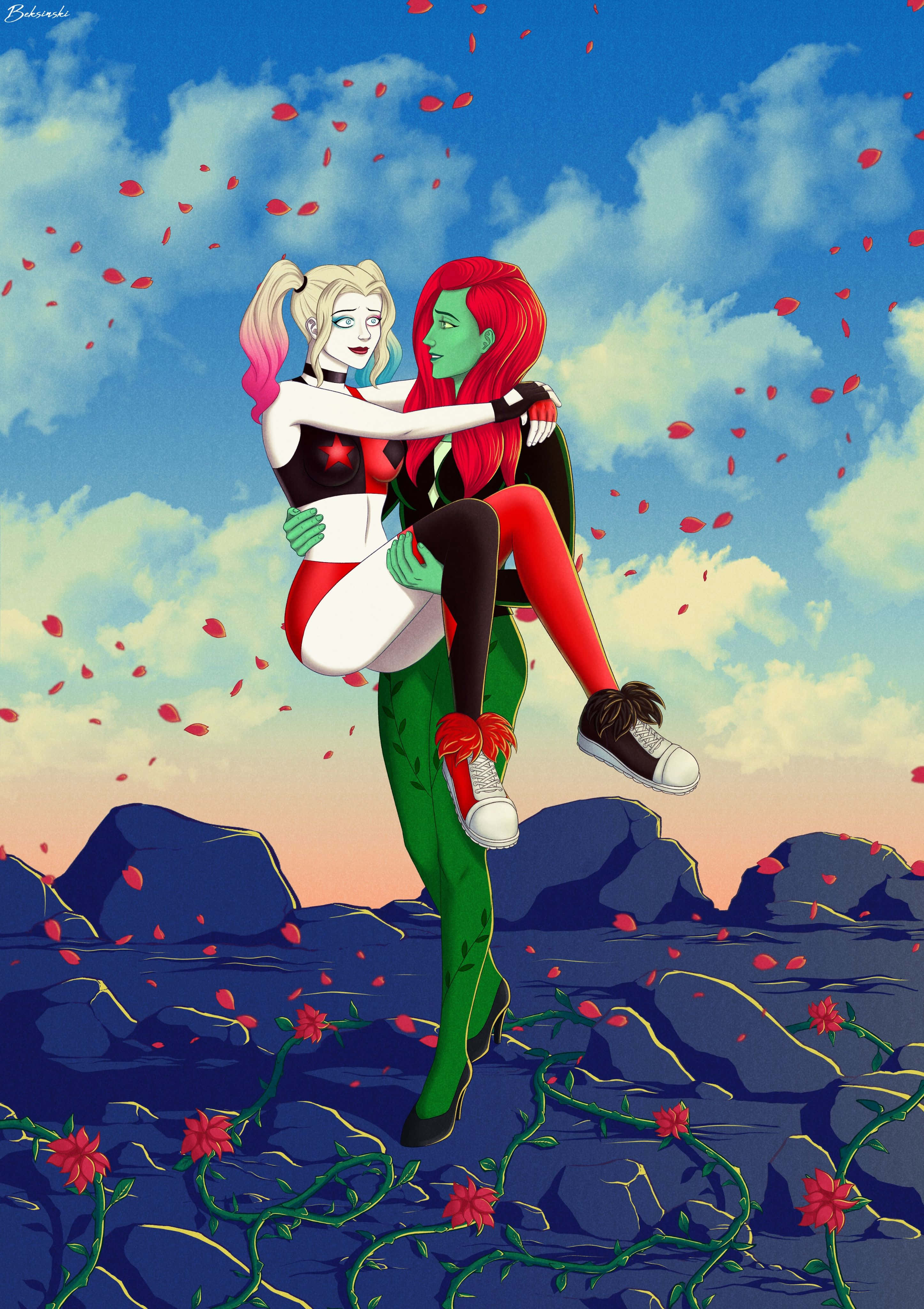 Harley Quinn And Poison Ivy 桌布 壁紙 — 兩個動畫女性角色在藍天和岩石地形背景下，於飄落的紅色花瓣中擁抱。