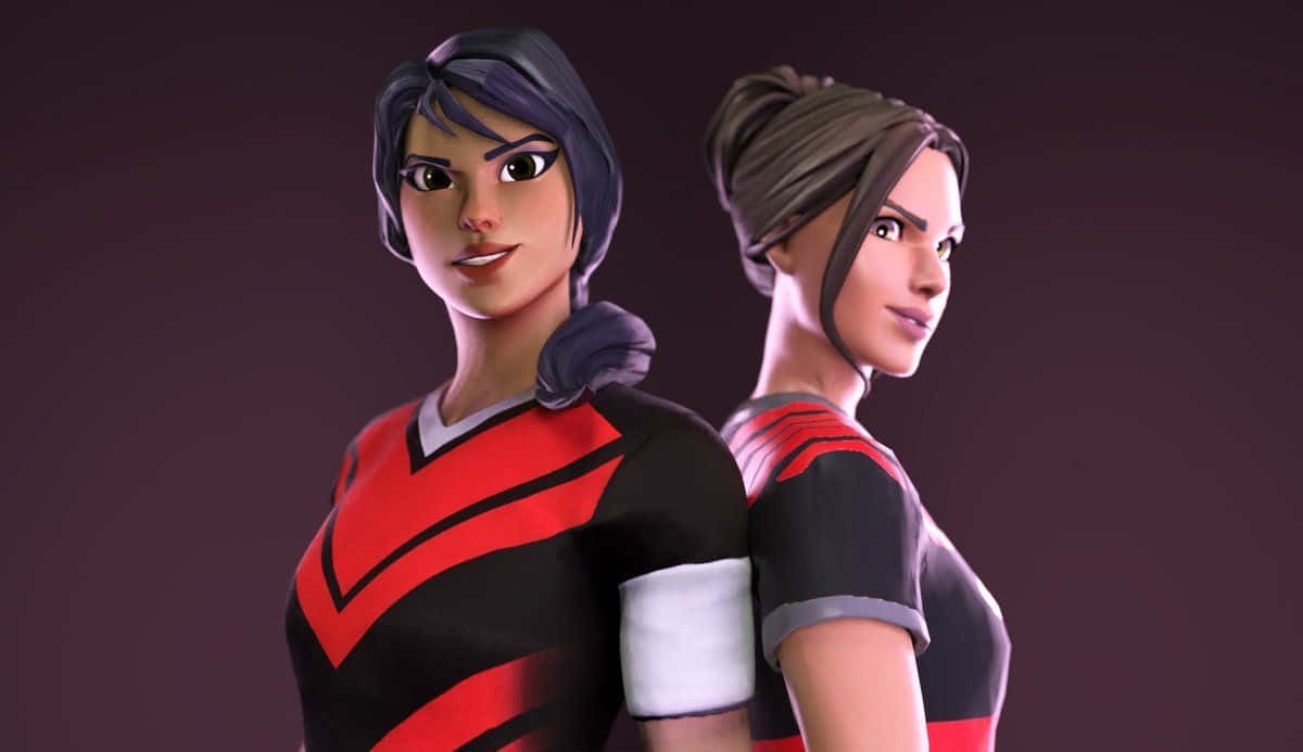 Fortnite 造型 桌布 壁紙 — 兩個動畫女性角色穿著相配的紅黑運動衫，在深紫色背景前自信地擺姿勢。