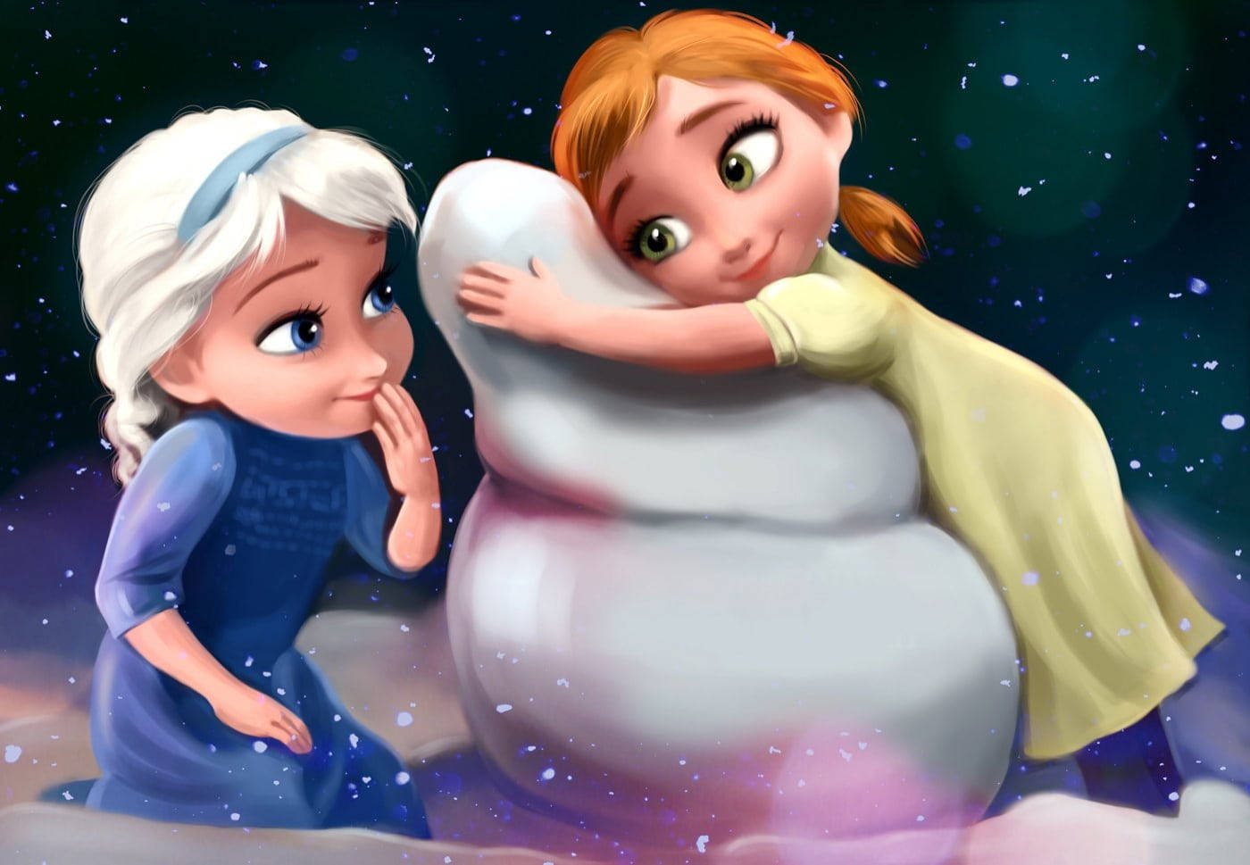 anna 桌布 壁紙 — 兩個動畫姐妹在星空下擁抱一個巨大的雪人，伴隨著柔和發光的雪花。