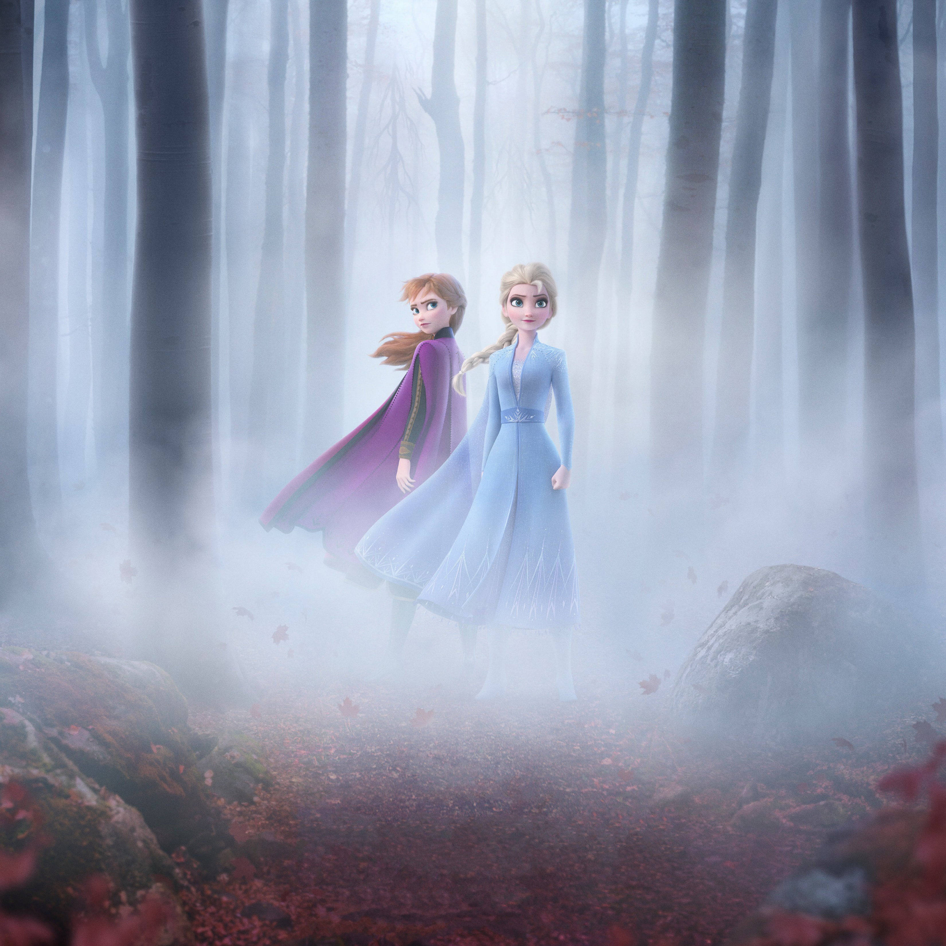 Frozen Elsa 桌布 壁紙 — 兩個動畫姐妹站在霧氣瀰漫的秋日森林中，周圍有落葉和高大的樹木。