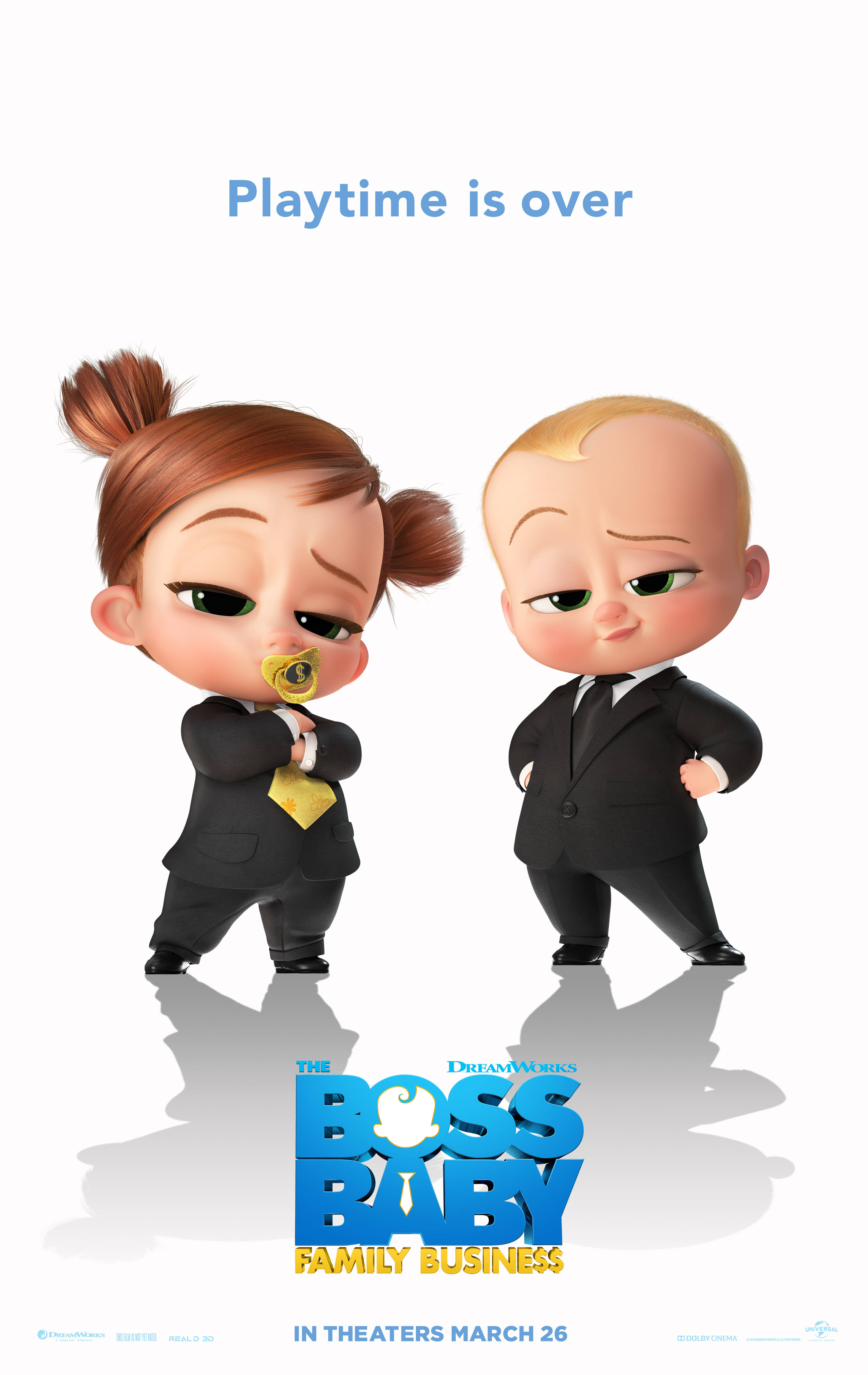 boss 桌布 壁紙 — 兩個動畫嬰兒角色穿著西裝，自信地站在白色背景前，上面寫著「Playtime is over」。