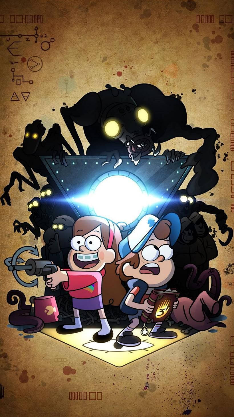dipper pines 桌布 壁紙 — 兩個動畫小孩勇敢地站在發光傳送門前，陰影怪物帶著黃色眼睛在他們周圍蜂擁而至。