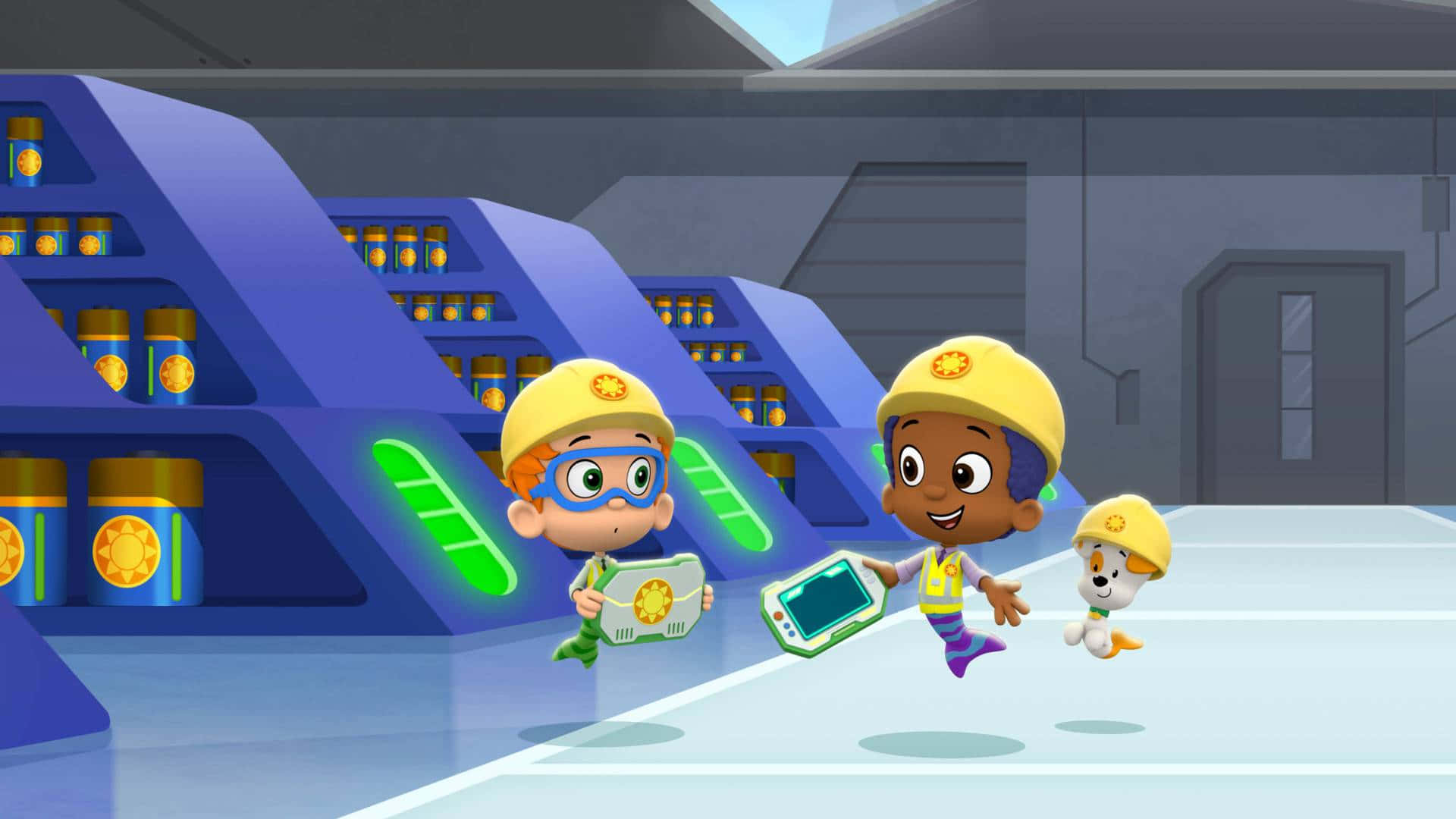 Bubble Guppies 桌布 壁紙 — 兩個動畫小孩和一隻小狗戴著黃色安全帽，跑過一個有發光綠色面板和藍色儲物單元的未來實驗室。