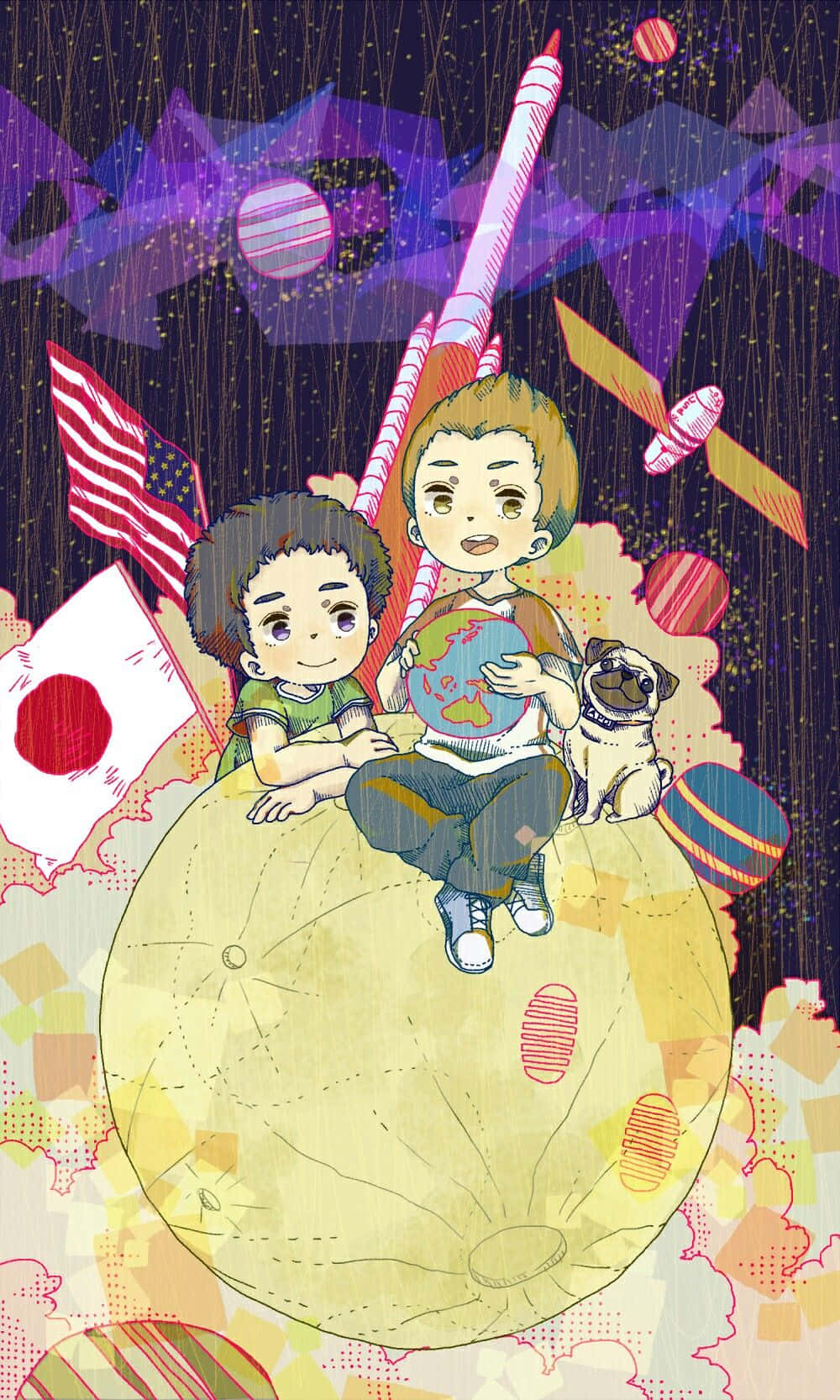 動漫 桌布 壁紙 — 兩個動畫小孩和一隻巴哥犬坐在地球儀上，手持被旗幟、火箭和宇宙元素包圍的地圖。