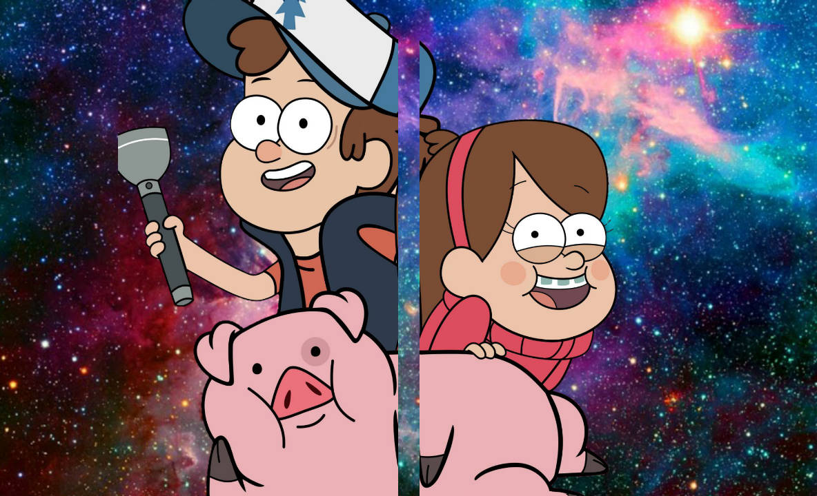 dipper pines 桌布 壁紙 — 兩個動畫小孩和一隻豬騎著穿過充滿星星和彩色雲朵的充滿活力的宇宙星雲。