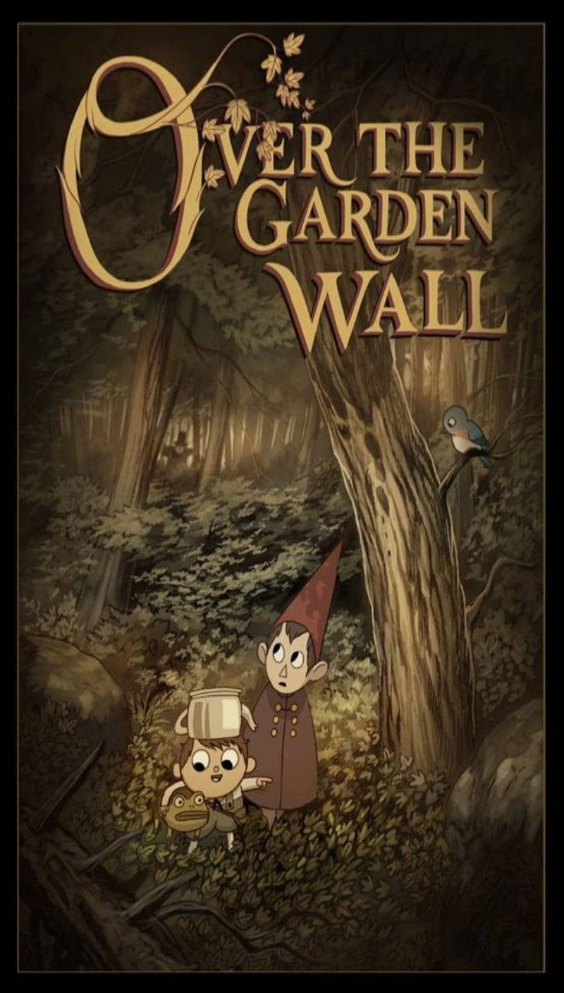 over the garden wall 桌布 壁紙 — 兩個動畫小孩和一隻青蛙在一個帶有秋葉的標題橫幅下探索迷霧森林。