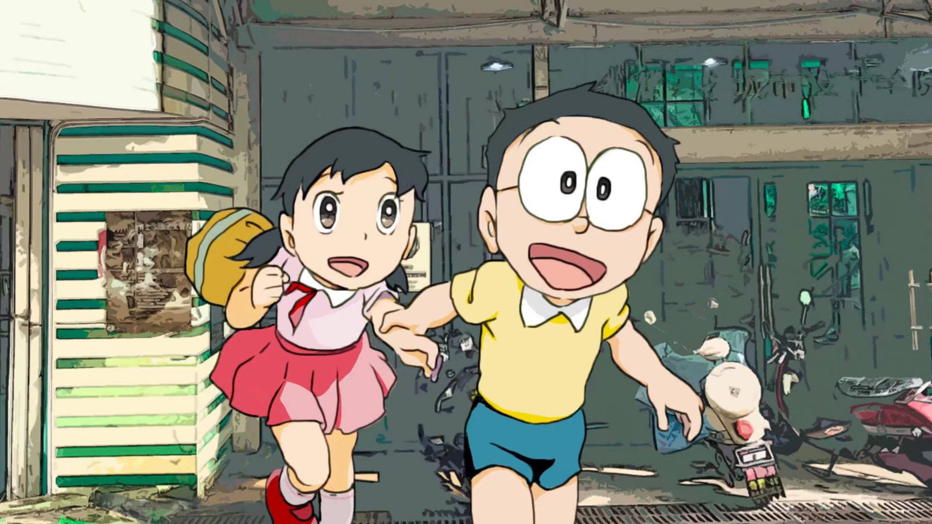 nobita shizuka love 桌布 壁紙 — 兩個動畫小孩在一條骯髒的城市小巷裡，帶著滑板車和佈滿塗鴉的牆壁，開心地跑著。