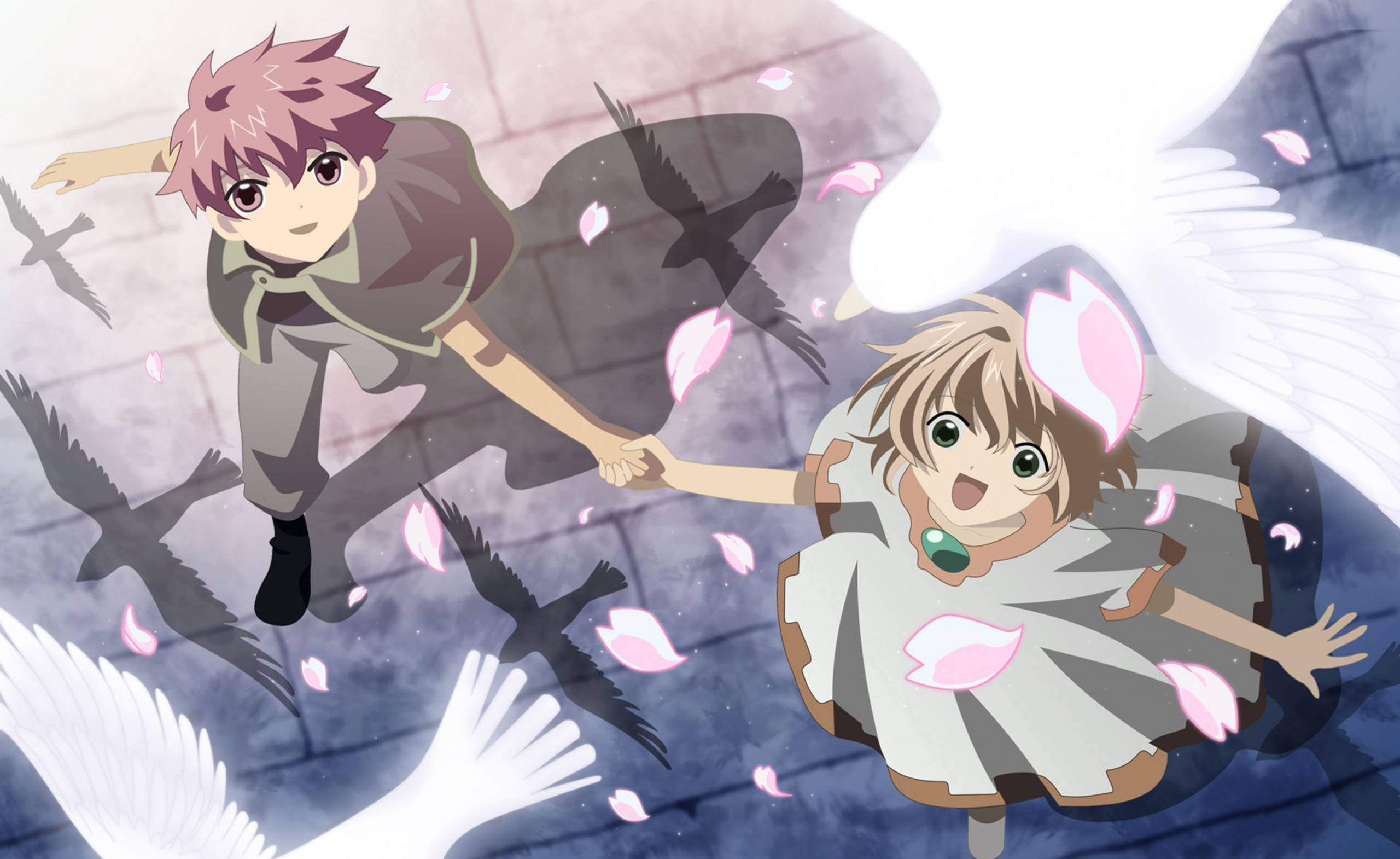 tsubasa reservoir chronicle 桌布 壁紙 — 兩個動畫小孩在半空中手牽手，周圍有黑白鳥和漂浮的粉紅色花瓣，背景是瓷磚。