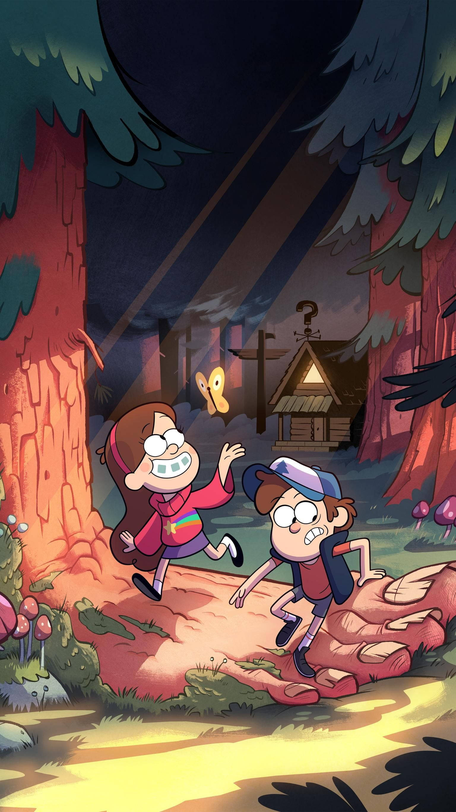 Mabel 桌布 壁紙 — 兩個動畫小孩在夜晚穿過發光的森林，追著一隻蝴蝶跑向一個神秘的小屋。