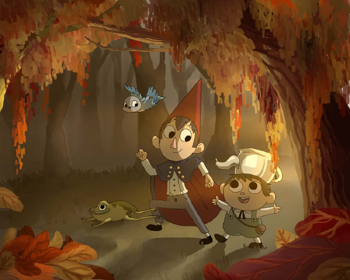 over the garden wall 桌布 壁紙 — 兩個動畫小孩在秋天的森林裡，鳥和青蛙在滴水的樹葉下。